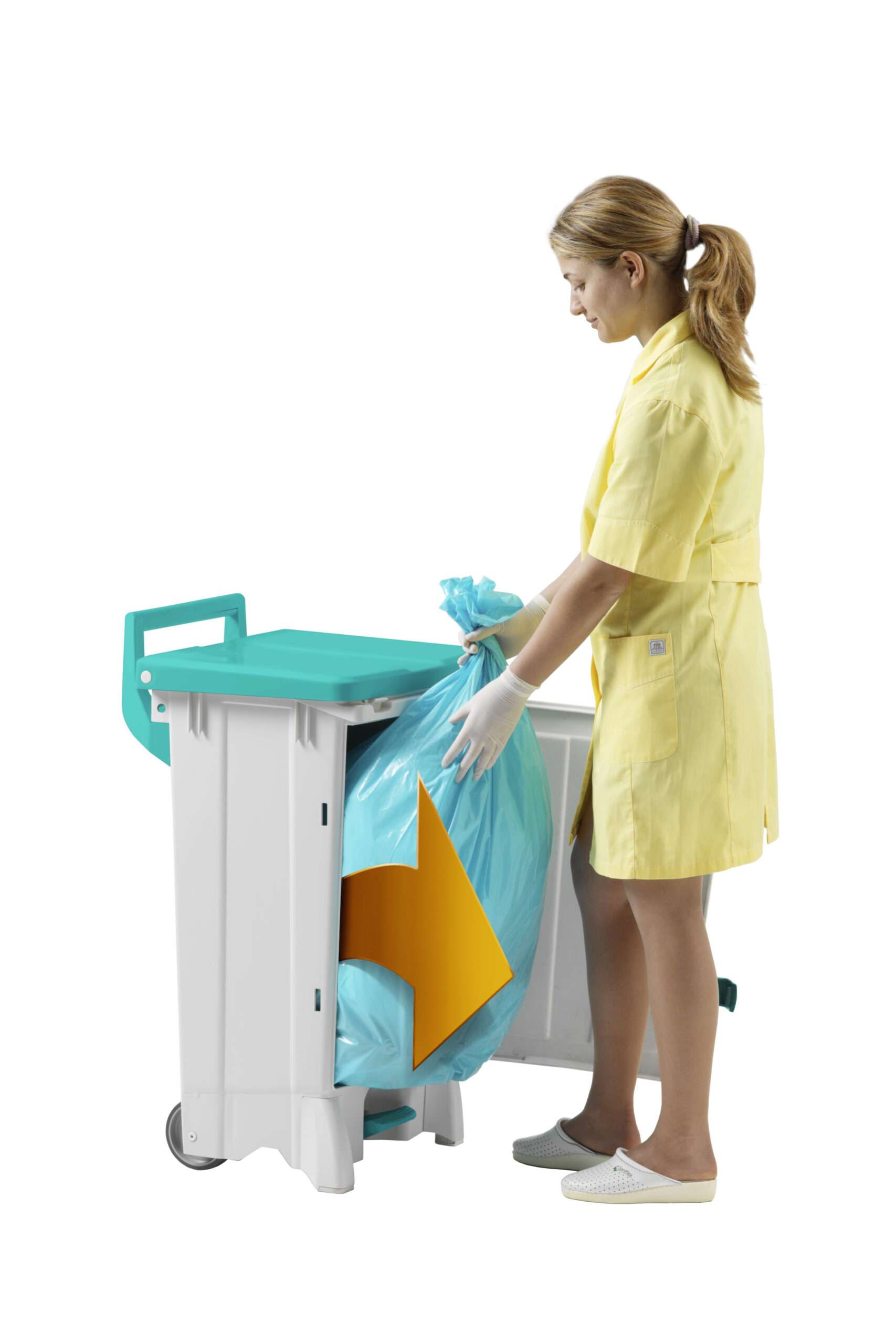 Polypropylene 90L Wheelie Bin Green with front door to help operator while emptying & cleaning inside bin. Shock-resistant, Ergonomic handle and non-marking wheels. Size - 480 x 520 x 930 mm 90L Wheelie Bin