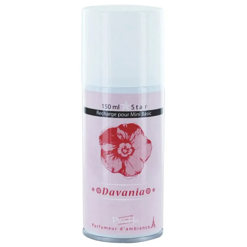 Davania 150ml mini basic Prodifa metered aerosol dispenser air freshener refills have a warm, fruity, and subtle fragrance, providing a cosy welcome and a comfortable ambience suitable for use in many areas. Davania-150ml-Mini-Basic-1-Refills