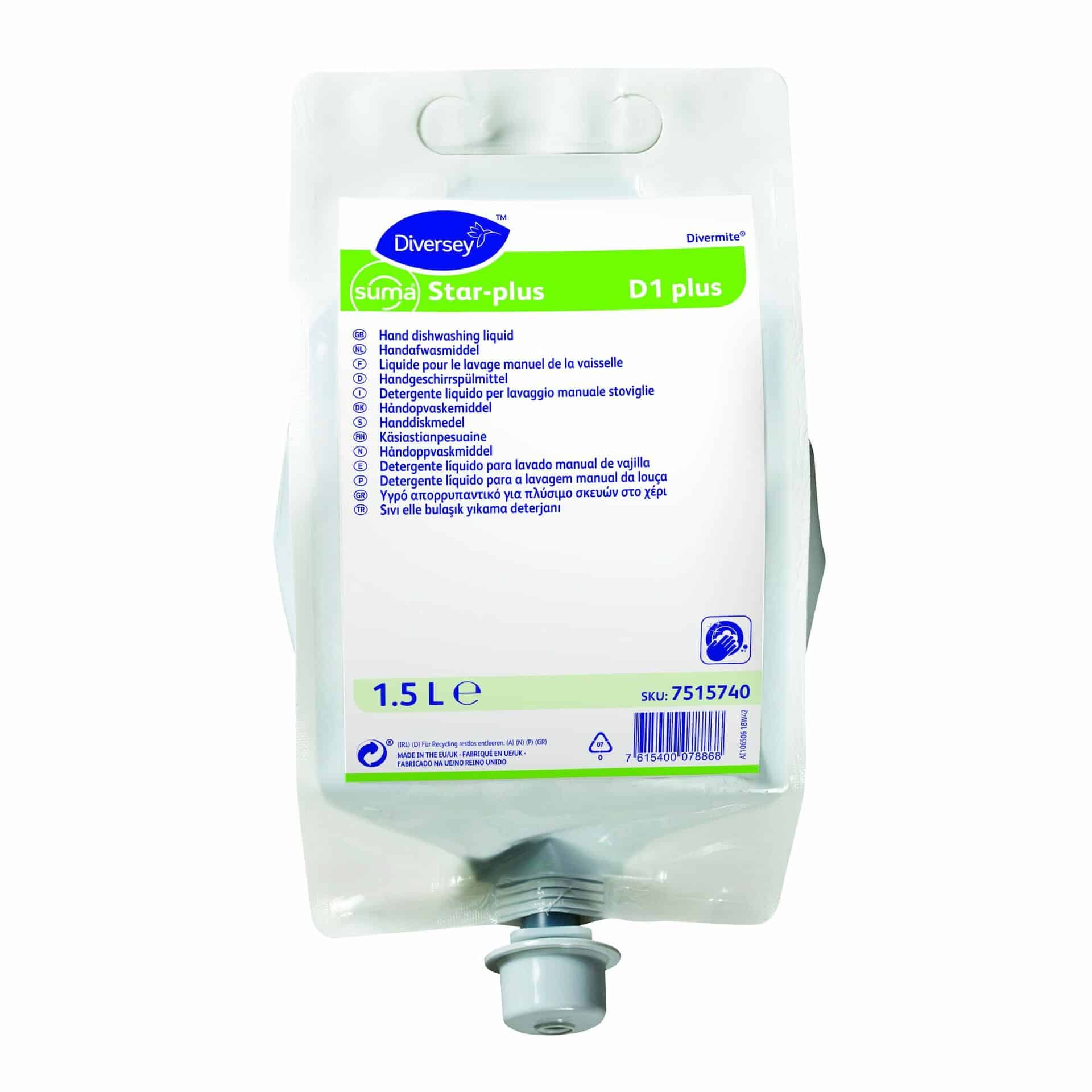 Suma Star plus D1 plus is a highly concentrated hand dishwashing liquid for cleaning pots, pans, crockery, glass and all washable utensils. The formulation is an optimal blend of anionic and non-ionic surfactants, which cuts through grease and dried-on food and makes rinsing easy and streak-free. Compatible with <a href="https://blue-kingfisher-995310.hostingersite.com/divermite-plus-dispenser-d1/"><strong>Suma Divermite Plus Dispenser D1</strong></a> Suma Star-plus D1 plus 2x1.5L - Highly concentrated hand dishwashing liquid
