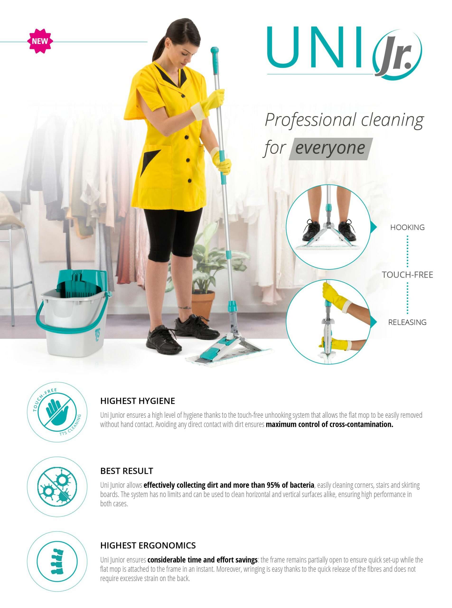<span style="color: #ff0000;">NO Mop Handle.</span> Compatible with 690V001044 or 690G001041. Mop and Bucket Yellow Kit: Uni Junior frame with ring nut, 35 cm Soft Band flat mop, 14 L single mop bucket with wringer. The kit is designed for semi-professional, high-performance cleaning of horizontal and vertical surfaces in residential and commercial settings. Uni Junior Frame, Flat Mop, Mop Bucket with Wringer