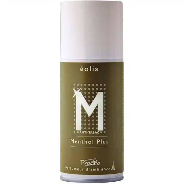 Menthol+ is a minty green leaf air freshener perfume that eliminates nasty smells such as tobacco and body sweat. It is an essential oils aerosol refill for Prodifa IdealSpray automatic controlled release dispensers commonly found in washrooms and other public areas. eolia-150ml-menthol-air-freshener