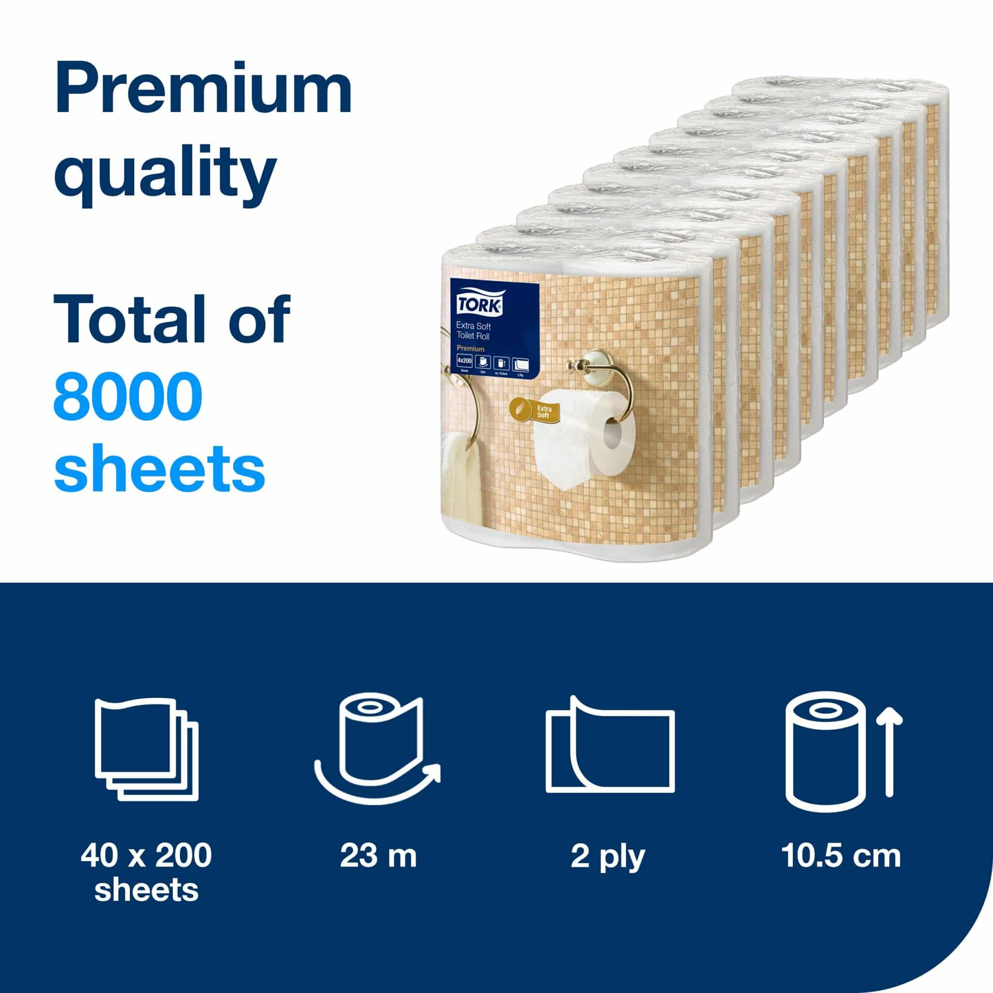 10 packs, 4 rolls each. 200 sheets each, 2 ply. Premium quality. Roll size L 23m W 10.5cm. Sheet length 11.5cm. Core inner diameter 5.1cm. Compatible with T4 dispensers. Tork Extra Soft Conventional Toilet Paper Roll White T4