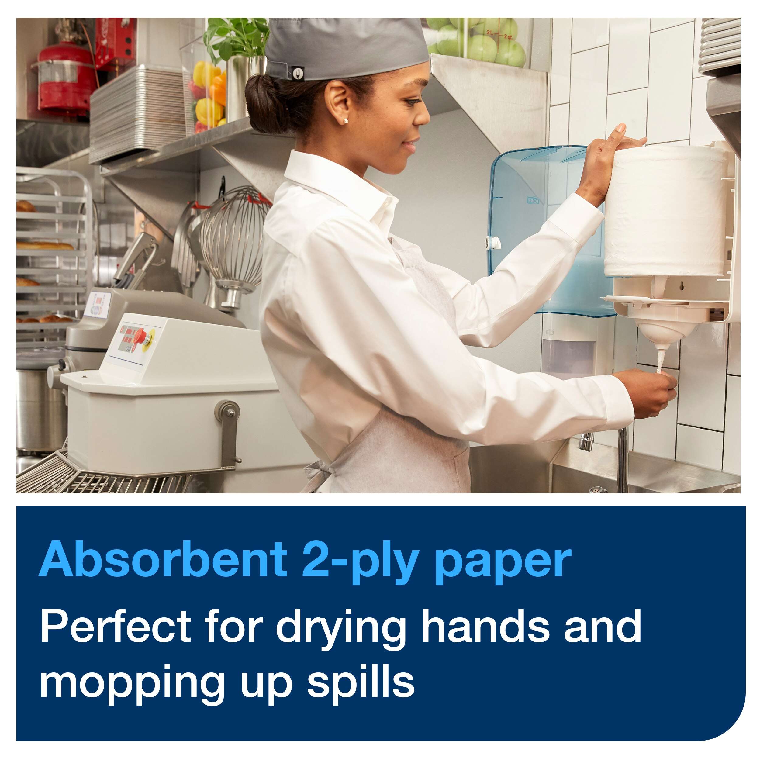 6 rolls, 429 sheets each, 2 ply. Advanced quality. Roll size L 150m W 19.4cm. Sheet length 35cm. Core inner diameter 5.9cm. Compatible with M4 dispensers. Tork Reflex™ Wiping Paper Towel White Plus M4