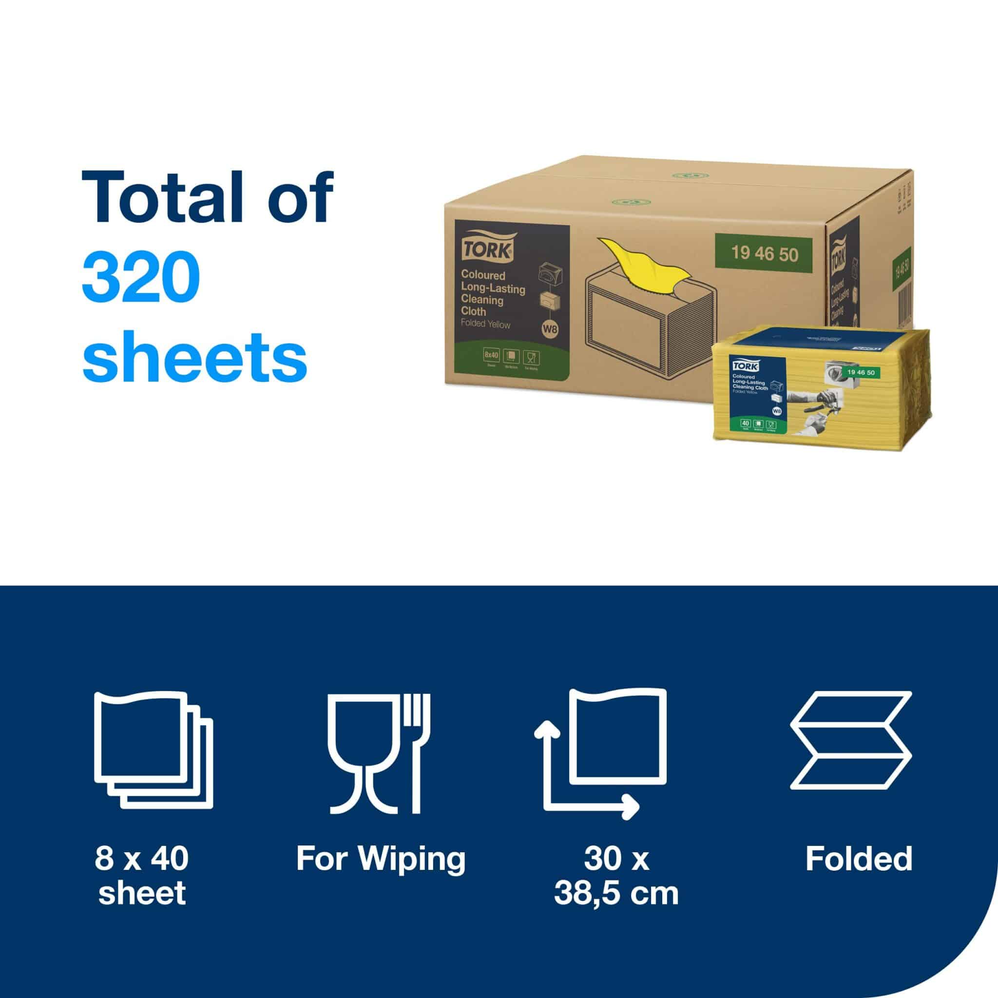 A durable and absorbent cleaning cloth that can be used repeatedly without tearing. <ul class="pt-2"> <li class="ng-star-inserted">Meets your cleaning needs due to suitability with most solvents, disinfectants, and detergents.</li> <li class="ng-star-inserted">8 packs, 40 cloths each. 1 ply. Folded size L 19.3cm W 16cm. Unfolded size L 38.5cm W 30cm. Compatible with W8 dispensers.</li> </ul> Tork Long-Lasting Cleaning Cloth Yellow W8