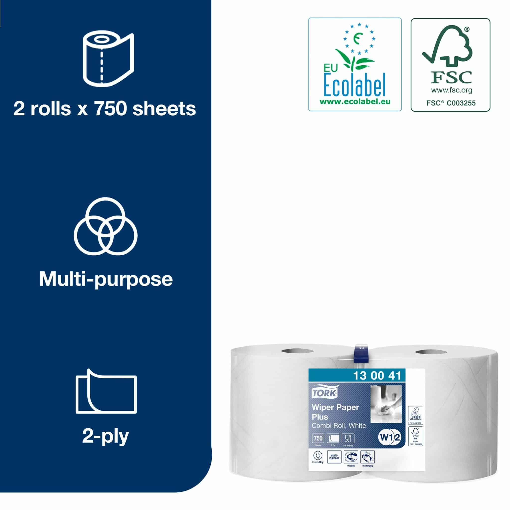 2 rolls, 750 sheets each, 2 ply. Premium quality. Roll size L 255m W 23.5cm. Sheet length 34cm. Core inner diameter 7.1cm. Compatible with W2 dispensers. Tork Wiping Paper Plus White W1/2