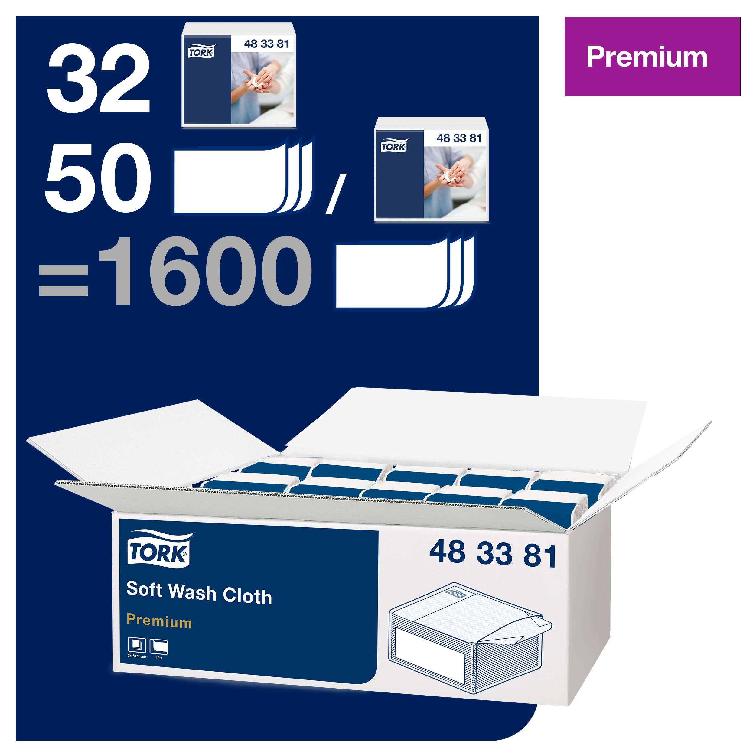 32 packs, 50 sheets each. 1 ply. Folded size L 14.5cm W 14.5cm. Unfolded size L 29cm W 29cm. Tork Soft Wash Cloth White