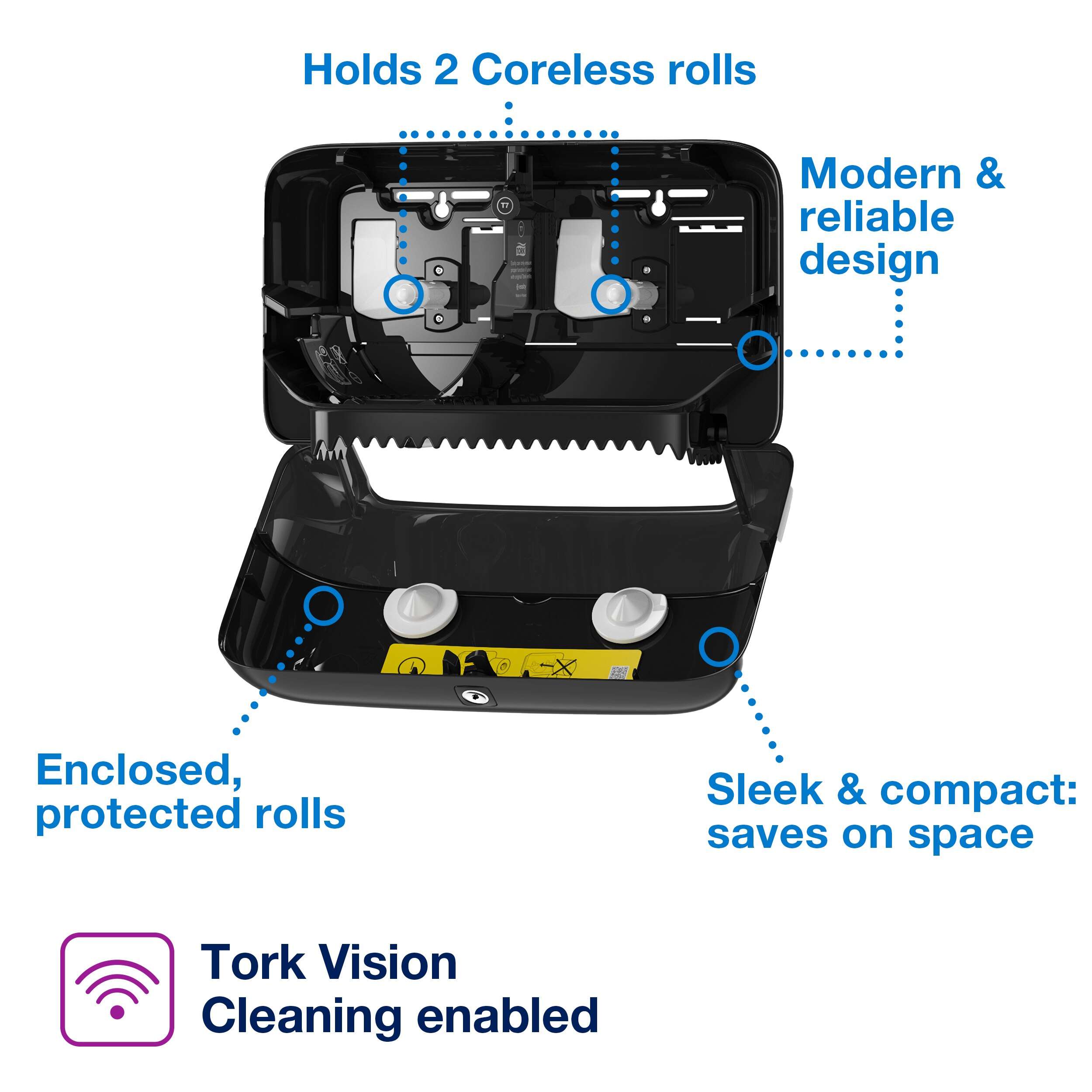 Tork OptiServe® Coreless is a high-capacity toilet paper system for facilities where efficiency, sustainability and providing a great experience are key. It´s a better alternative than conventional toilet paper and traditional jumbo rolls. Design: Elevation. W 13cm. H 20.7cm. D 36cm. Material: Plastic. Color: Black. Suitable for T7 refills from Tork. Tork Coreless Toilet Roll Dispenser Black T7