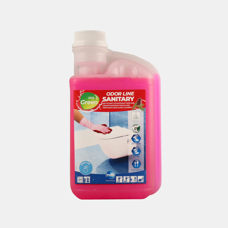 Descaler Cleaner, Eco-labelled, designed for toilets, showers, wash hand basins, urinals, WC bowls and sanitary facility floors. It neutralizes bad odours and leaves a fresh pine scent. Food contact approved. Spray, and wipe with clear water of a well-dried microfiber cloth. Pollet PolGreen OdorLine Sanitary Eco Descaler Cleaner for Sanitary- 1 Litre (6 Pack)