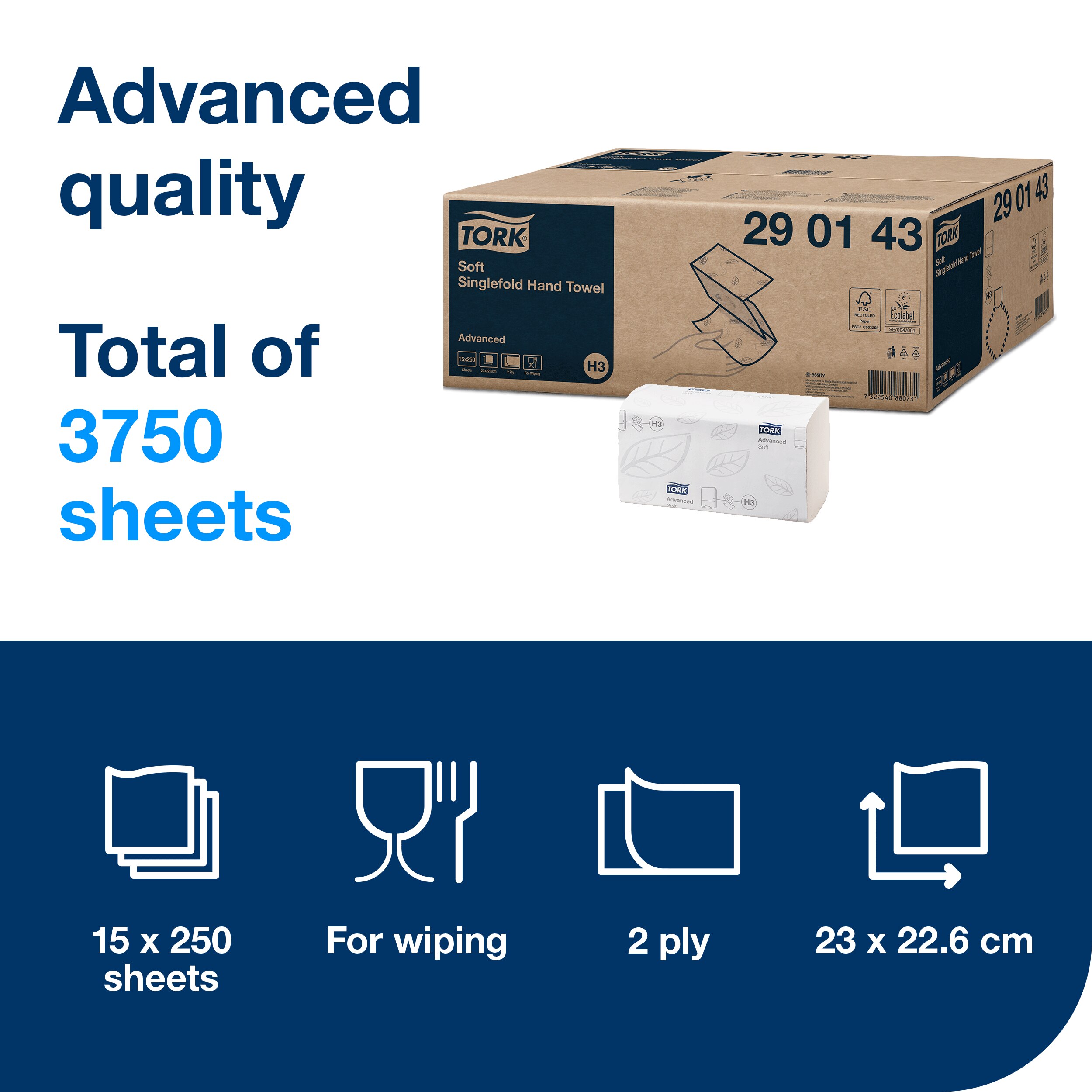15 packs, 1 bundle per pack. 250 towels each. 2 ply. Advanced quality. Folded size L 11.5cm W 22.6cm. Unfolded size L 23cm W 22.6cm. Compatible with H3 dispensers. Tork Soft Singlefold Paper Hand Towels White H3