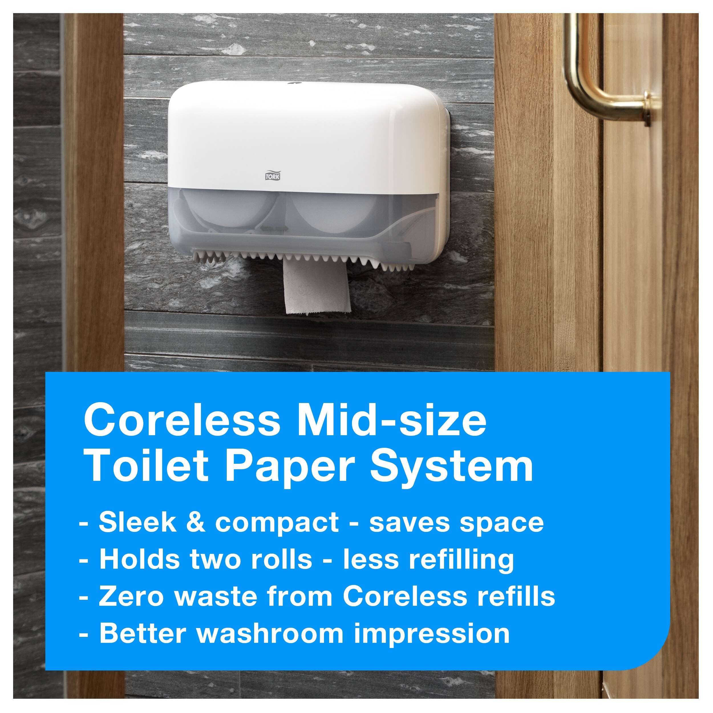 36 rolls. 2 ply. Advanced quality. Roll size L 103.5m W 9.3cm. Sheet length 11.5cm. Compatible with T7 dispensers. Tork Coreless Toilet Roll Dispenser White T7