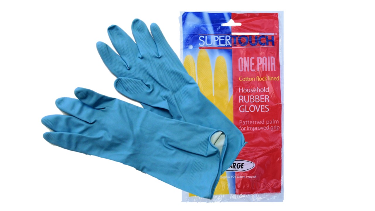 Classic Household Latex Gloves: Ideal for industrial & home cleaning. AQL 1.5 rated, conforms to EN levels 1-0-0-0. Medium weight with textured grip, beaded cuff & flock lining. Essential for versatile protection. Supertouch-Household-Latex-Gloves