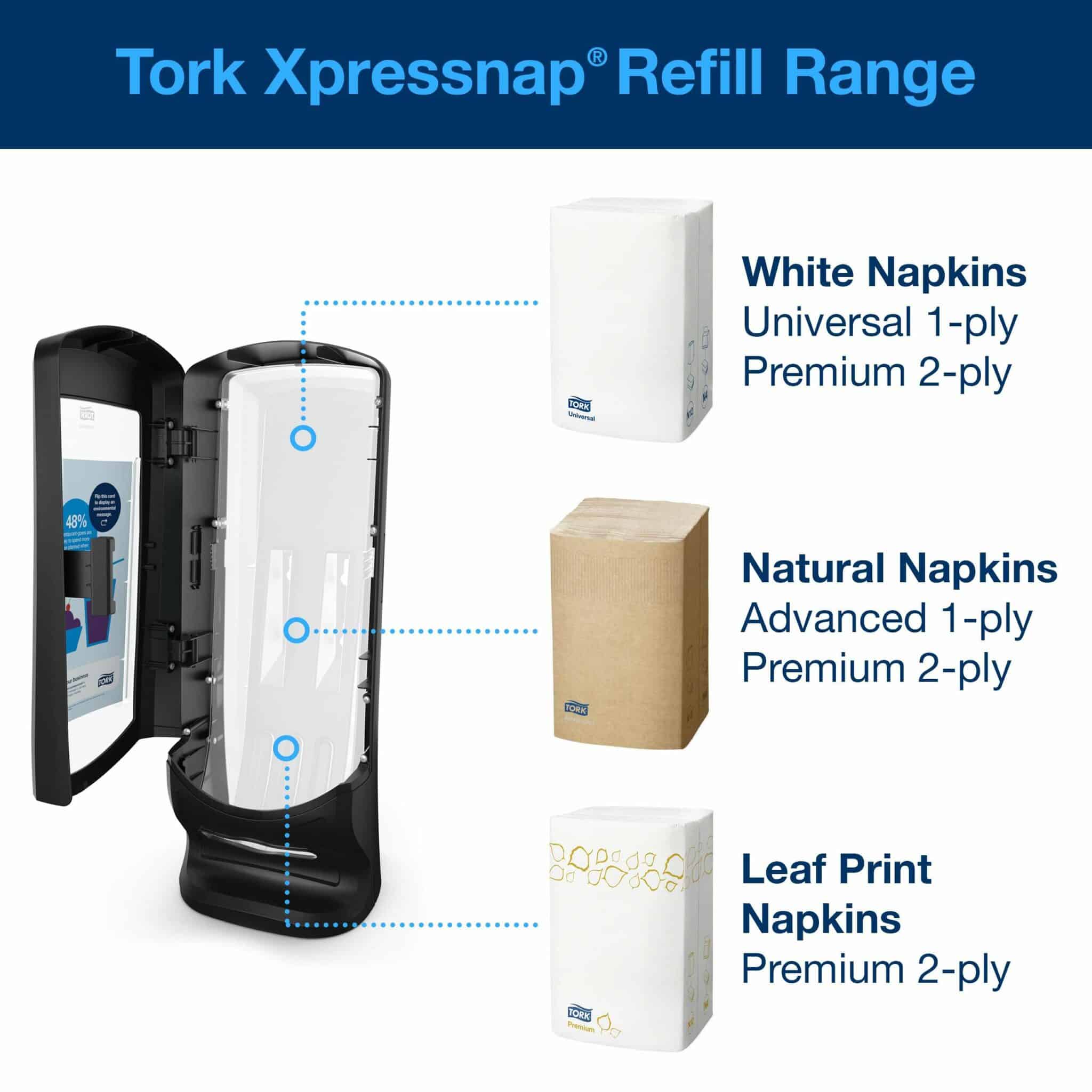 This modern dispenser delivers napkins one at a time, improving hygiene and reducing consumption by at least 25% compared to traditional napkin dispensers. The wall-mounting feature allows for quick, permanent installation. Design: Signature line. W 23.5cm. H 62.2cm. D 23.5cm. Material: Plastic. Colour: Black. Suitable for N4 refills from Tork. Tork Xpressnap® Stand Napkin Dispenser Black N4