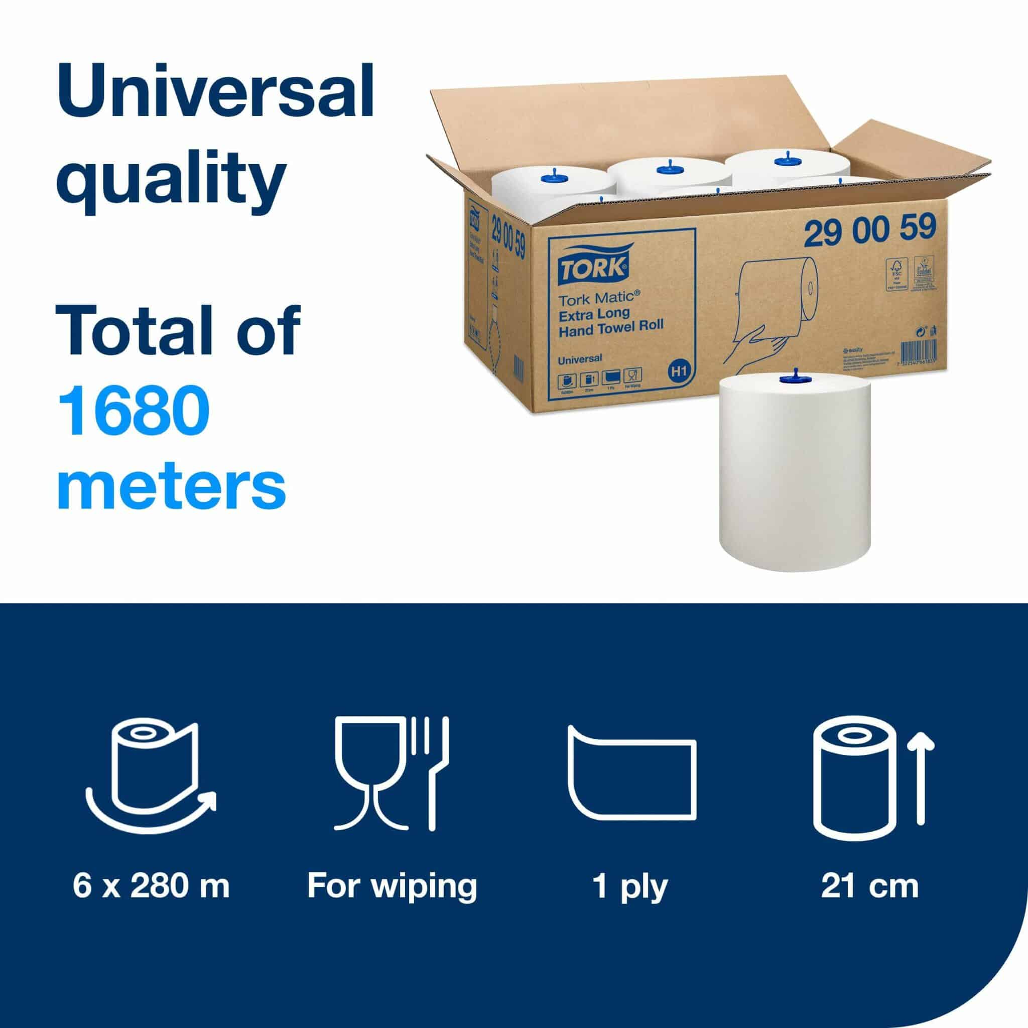 Tork Matic® extra-long hand towel roll provides a high capacity that is ideal for busy washrooms found in places like schools and airports. 6 rolls, 1 ply. Universal quality. Roll size L 280m W 21cm. Core inner diameter 3.8cm. Compatible with H1 dispensers. Tork Matic® Extra Long Paper Hand Towels White H1