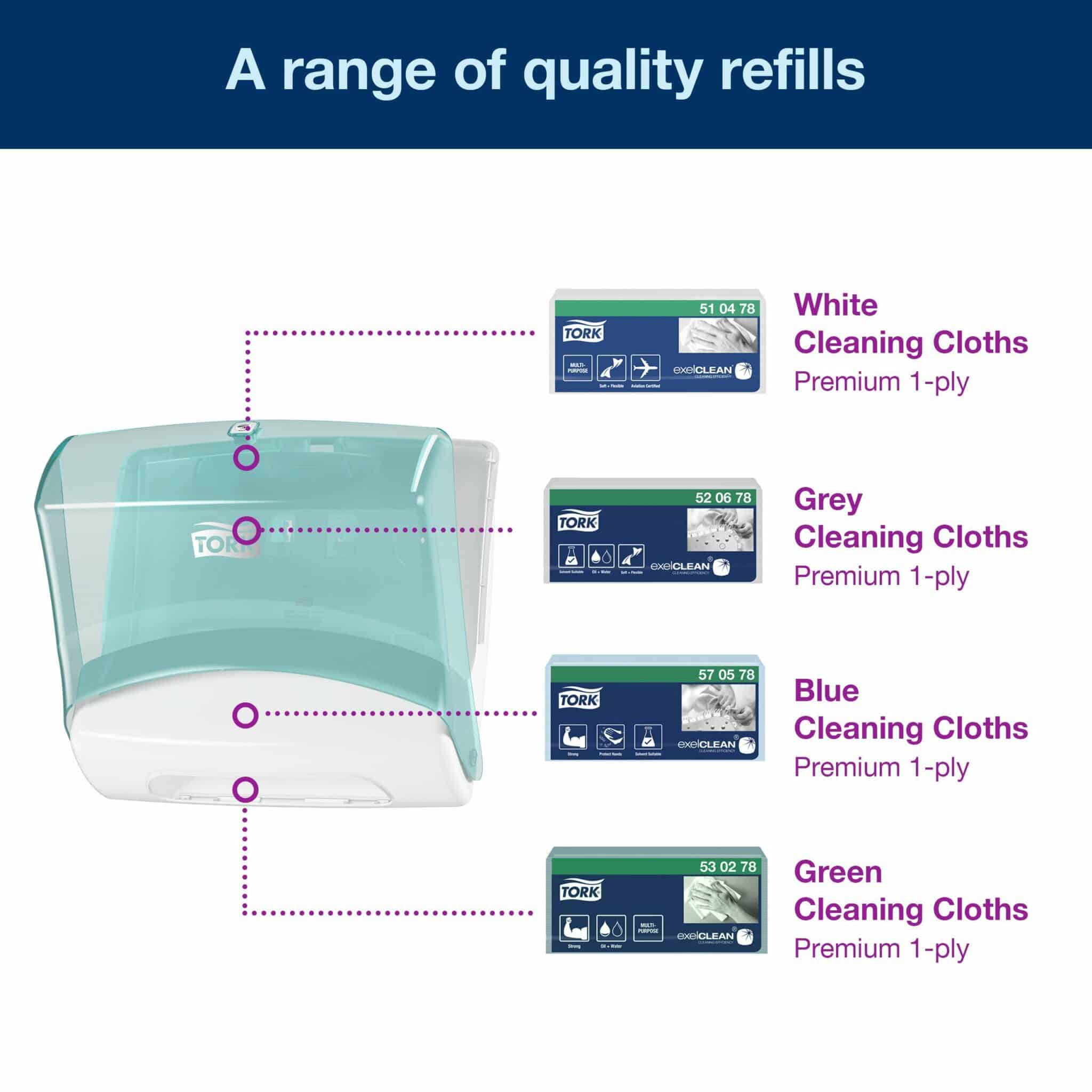 Design: Performance. W 20.6cm. H 39.4cm. D 42.7cm. Material: Plastic. Color: White/Turqoise. Suitable for W4 refills from Tork. Tork Folded Wiper Dispenser White and Turquoise W4