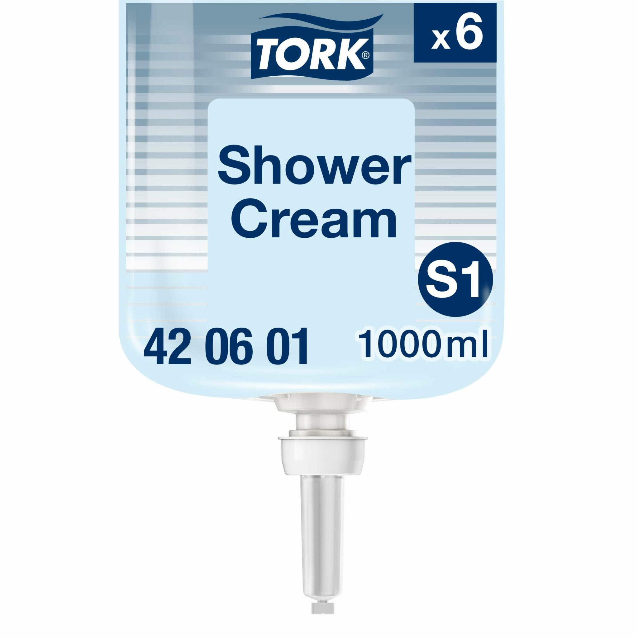 6 bottles per box. 1 ml each. Fresh Unisex Scent fragrance. Premium quality. Color: Light blue. Compatible with S1 dispensers. Tork Shower Cream Liquid S1