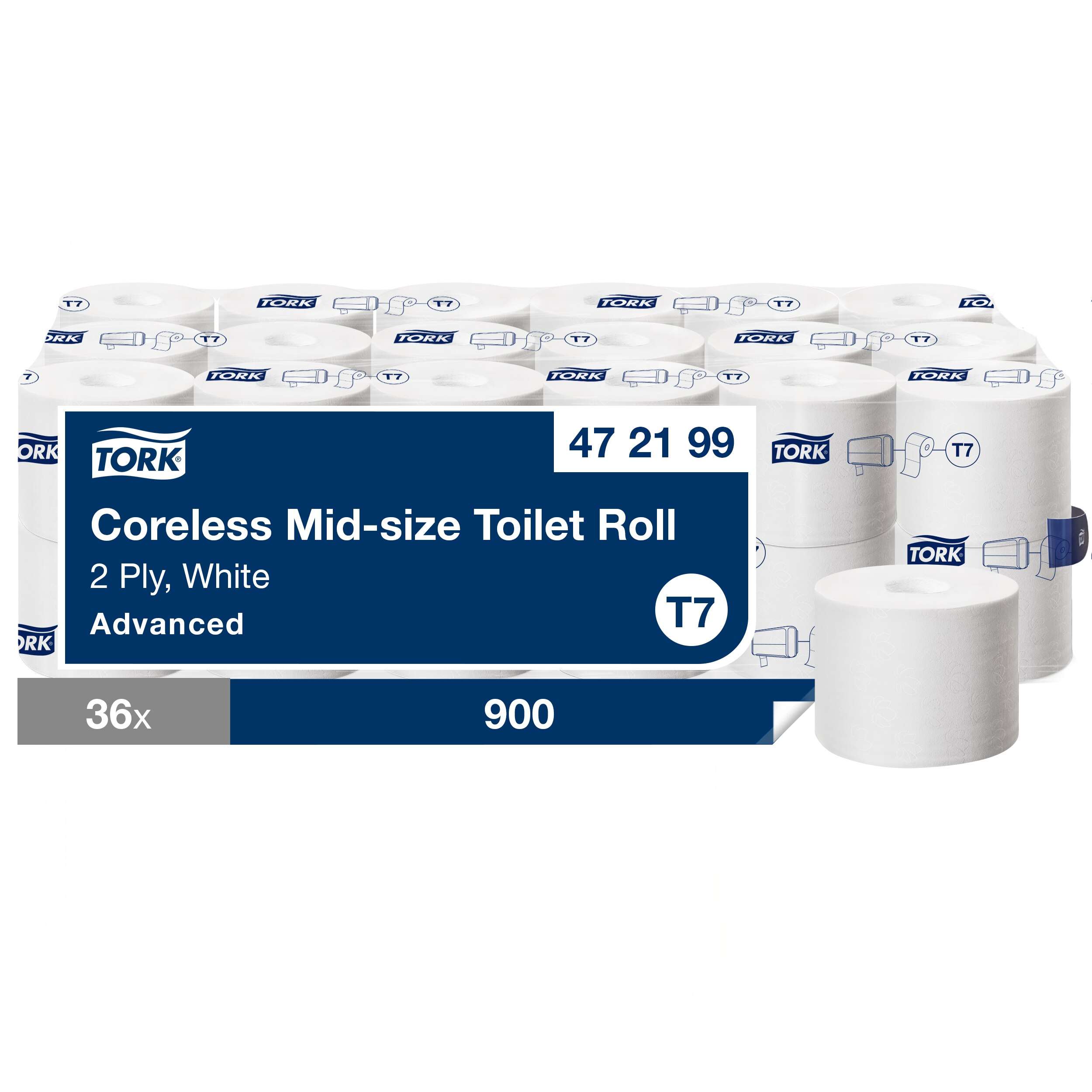 36 rolls. 2 ply. Advanced quality. Roll size L 103.5m W 9.3cm. Sheet length 11.5cm. Compatible with T7 dispensers. Tork Coreless Toilet Roll White T7