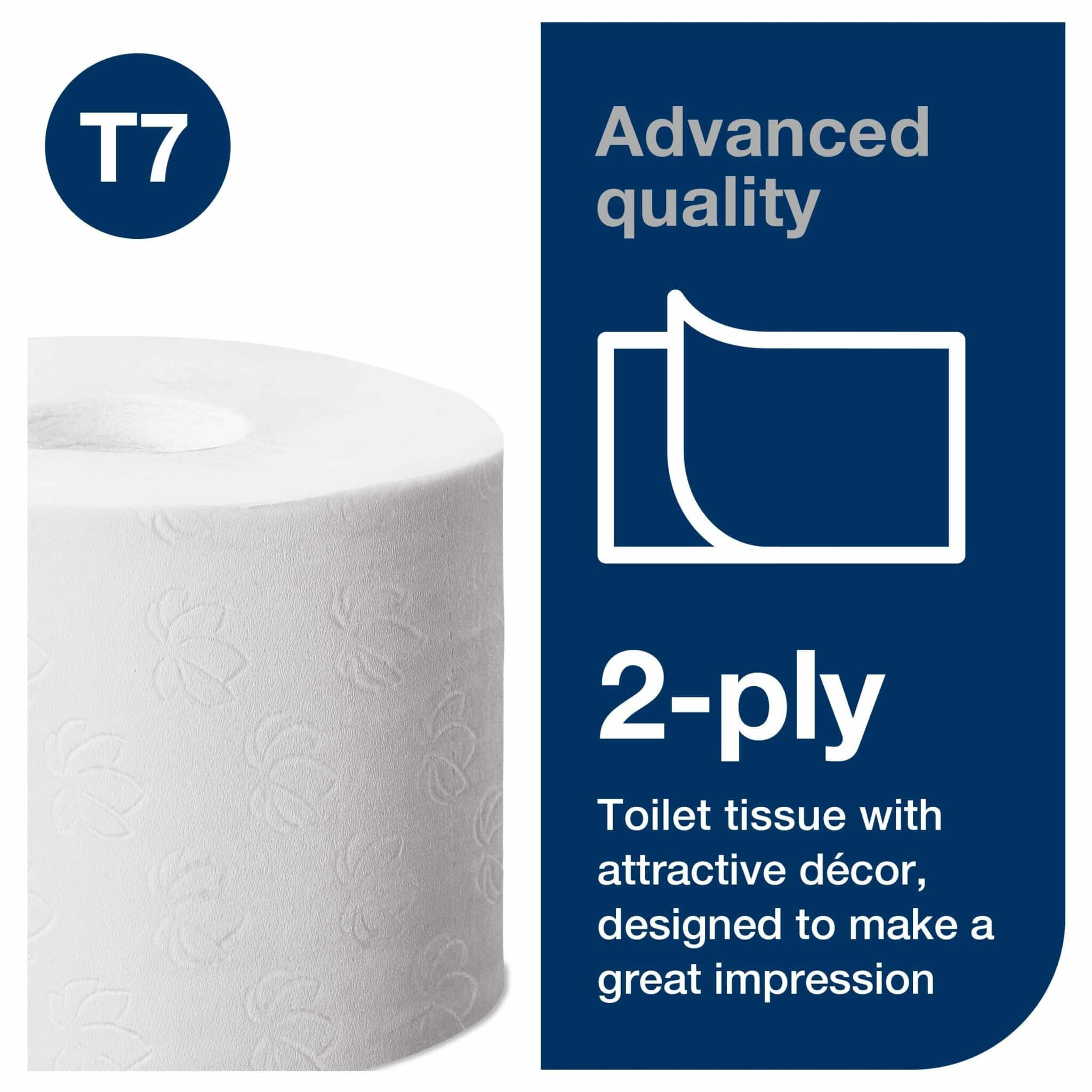 36 rolls. 2 ply. Advanced quality. Roll size L 103.5m W 9.3cm. Sheet length 11.5cm. Compatible with T7 dispensers. Tork Coreless Toilet Roll White T7