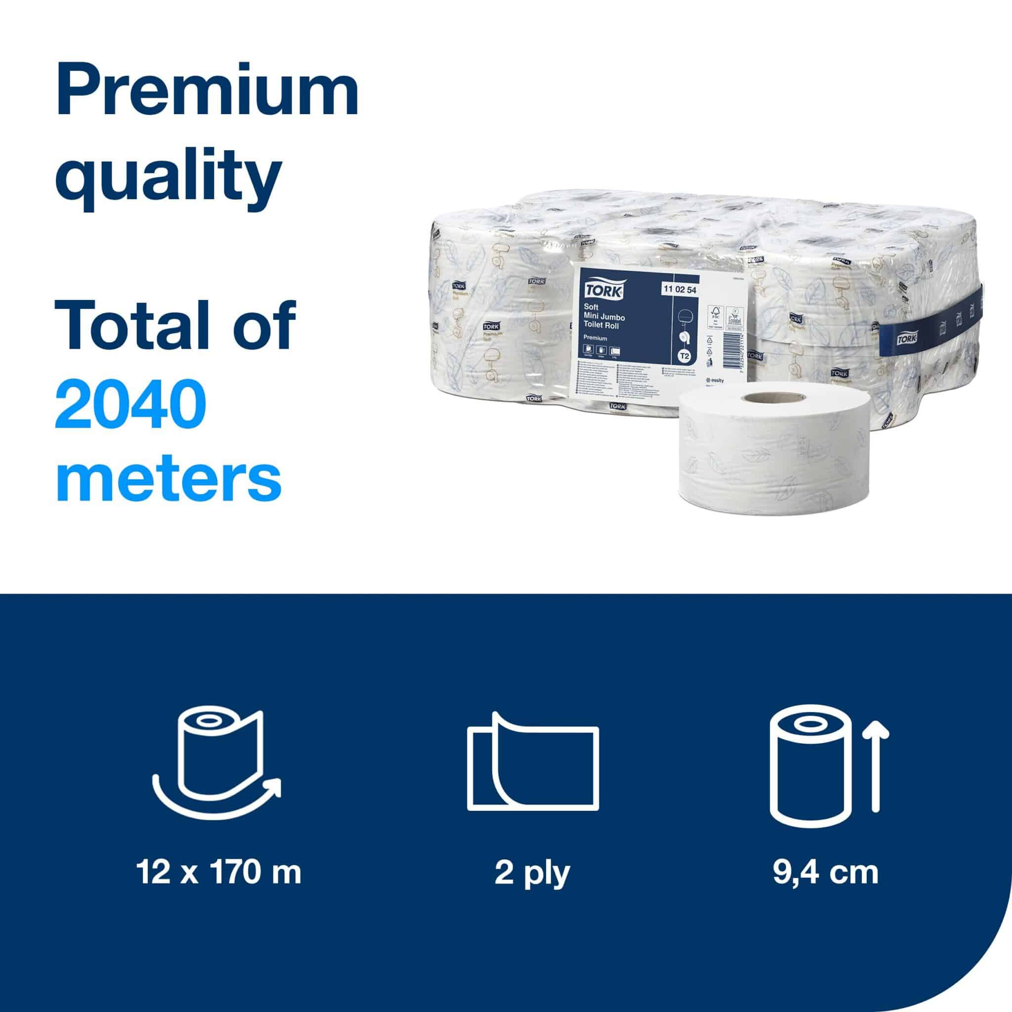 12 rolls. 2 ply. Premium quality. Roll size L 170m W 9.35cm. Sheet length 20cm. Core inner diameter 5.9cm. Compatible with T2 dispensers. Tork Soft Mini Jumbo Toilet Paper Roll White T2