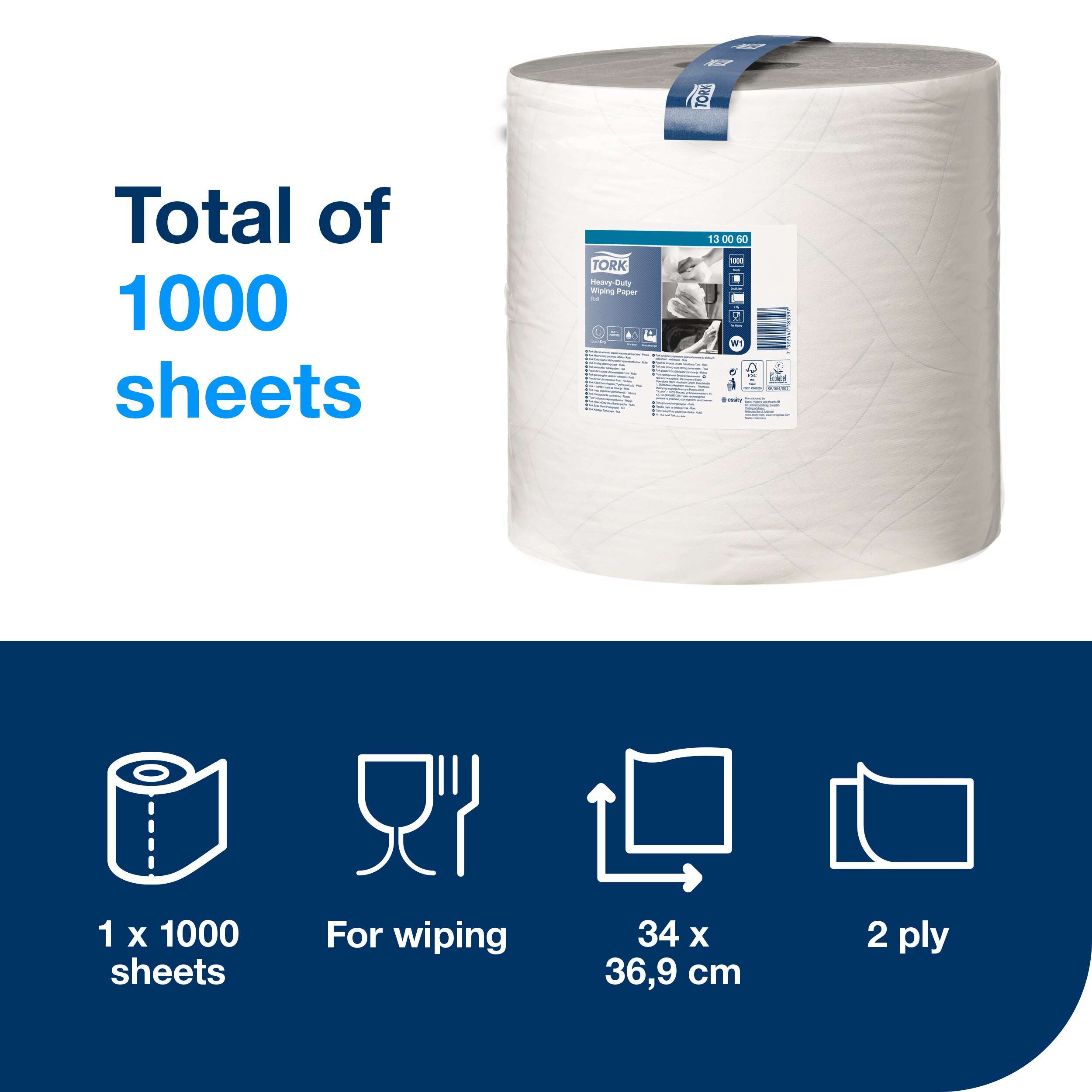 Tough, 2-ply, multi-purpose, heavy-duty White roll paper with high absorbency removes oil, grease, lubricants, and dirt. It is also strong when wet. High durability - stays strong even when wet and is reusable. Compatible with W1 Dispensers only. Tork Heavy-Duty Wiping Paper White W1