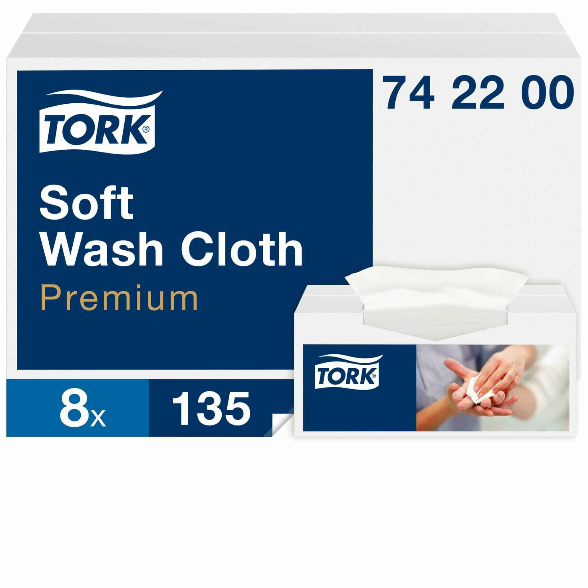 8 packs, 135 sheets each. 1 ply. Folded size L 17cm W 32cm. Unfolded size L 30cm W 32cm. Tork Soft Wash Cloth White