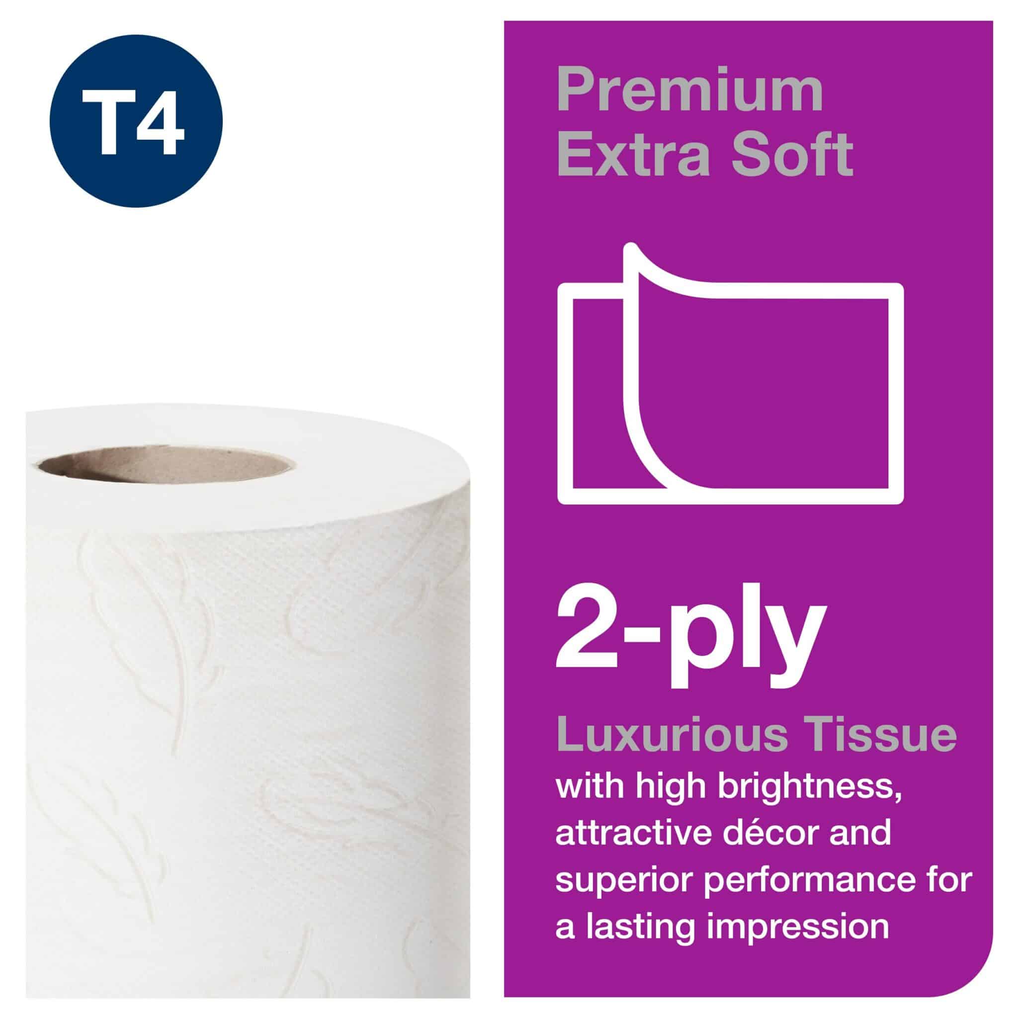 10 packs, 4 rolls each. 200 sheets each, 2 ply. Premium quality. Roll size L 23m W 10.5cm. Sheet length 11.5cm. Core inner diameter 5.1cm. Compatible with T4 dispensers. Tork Extra Soft Conventional Toilet Paper Roll White T4
