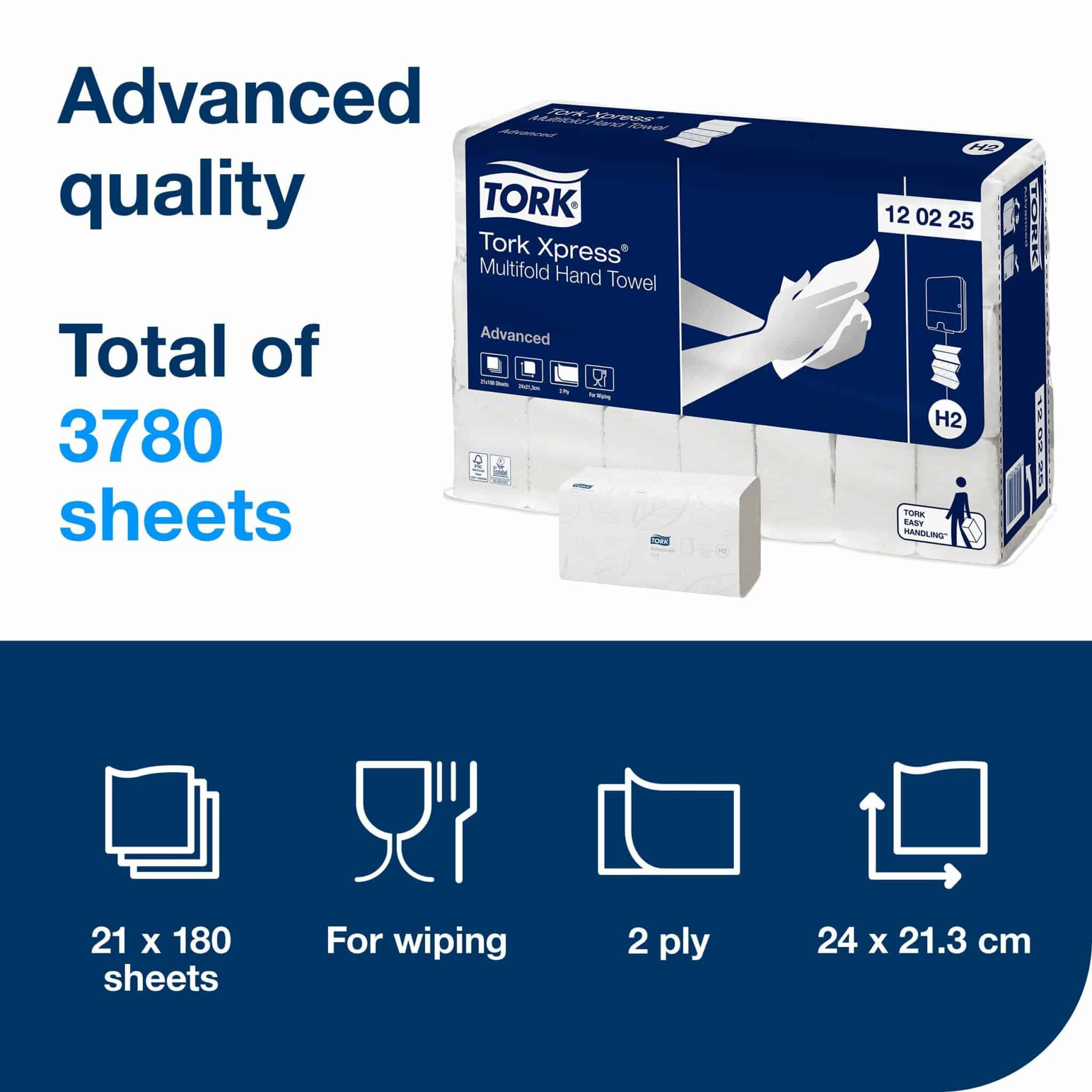 21 packs, 180 paper hand towels each. 2 ply. Advanced quality. Folded size L 8cm W 21.3cm. Unfolded size L 24cm W 21.3cm. Compatible with H2 dispensers. Provide comfort to your guests with the Advanced Tork Xpress Soft Multifold Hand Towels that have a good absorption to ensure dry hands. Tork Xpress® Multifold Hand Towels White H2