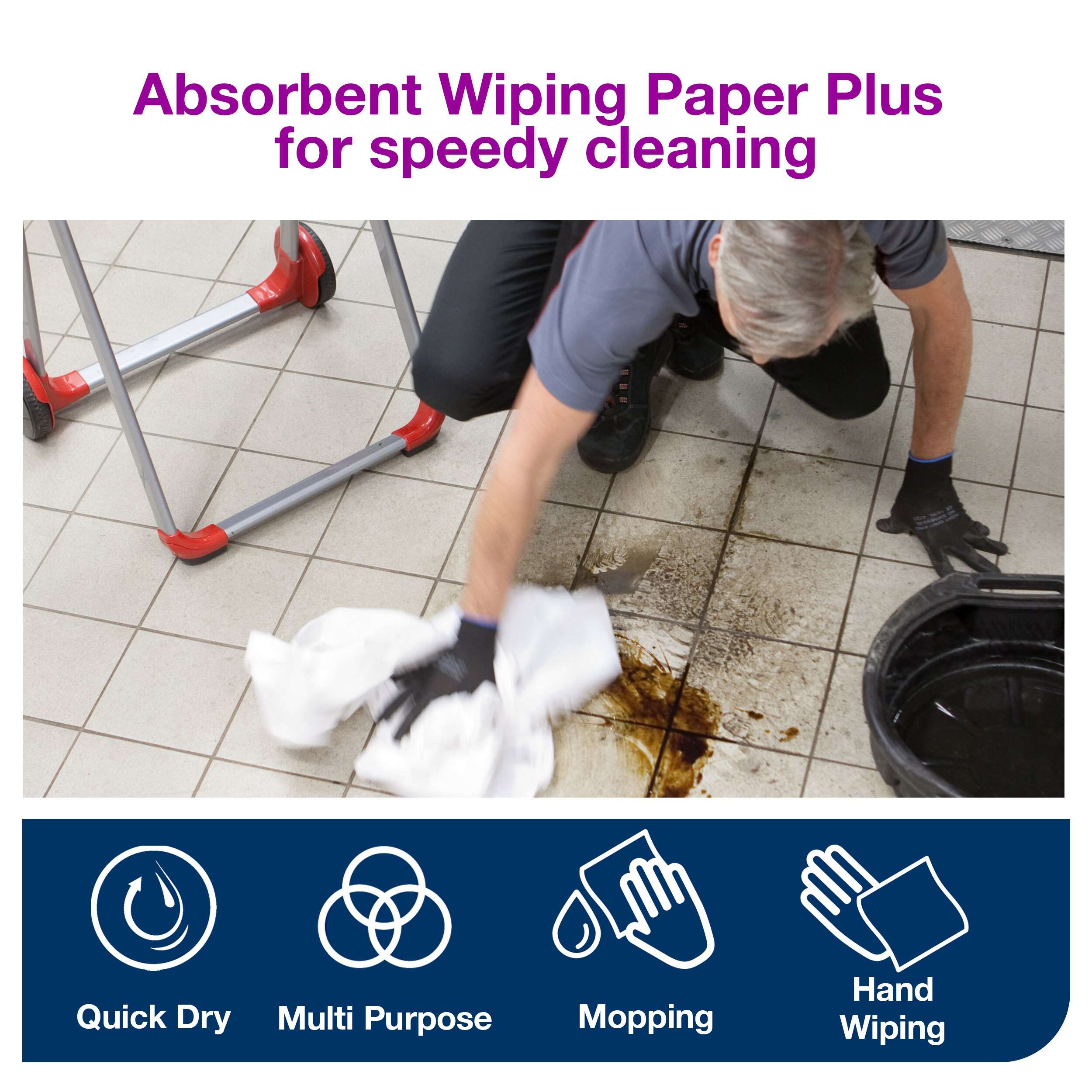 2 rolls, 750 sheets each, 2 ply. Premium quality. Roll size L 255m W 23.5cm. Sheet length 34cm. Core inner diameter 7.1cm. Compatible with W2 dispensers. Tork Wiping Paper Plus White W1/2