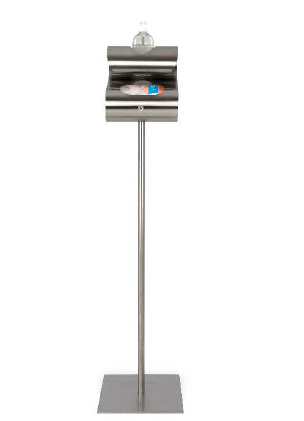 Elegance stand with compartment for disinfectant and gloves, in stainless steel also suitable for outdoor use. TTS Elegance Stand
