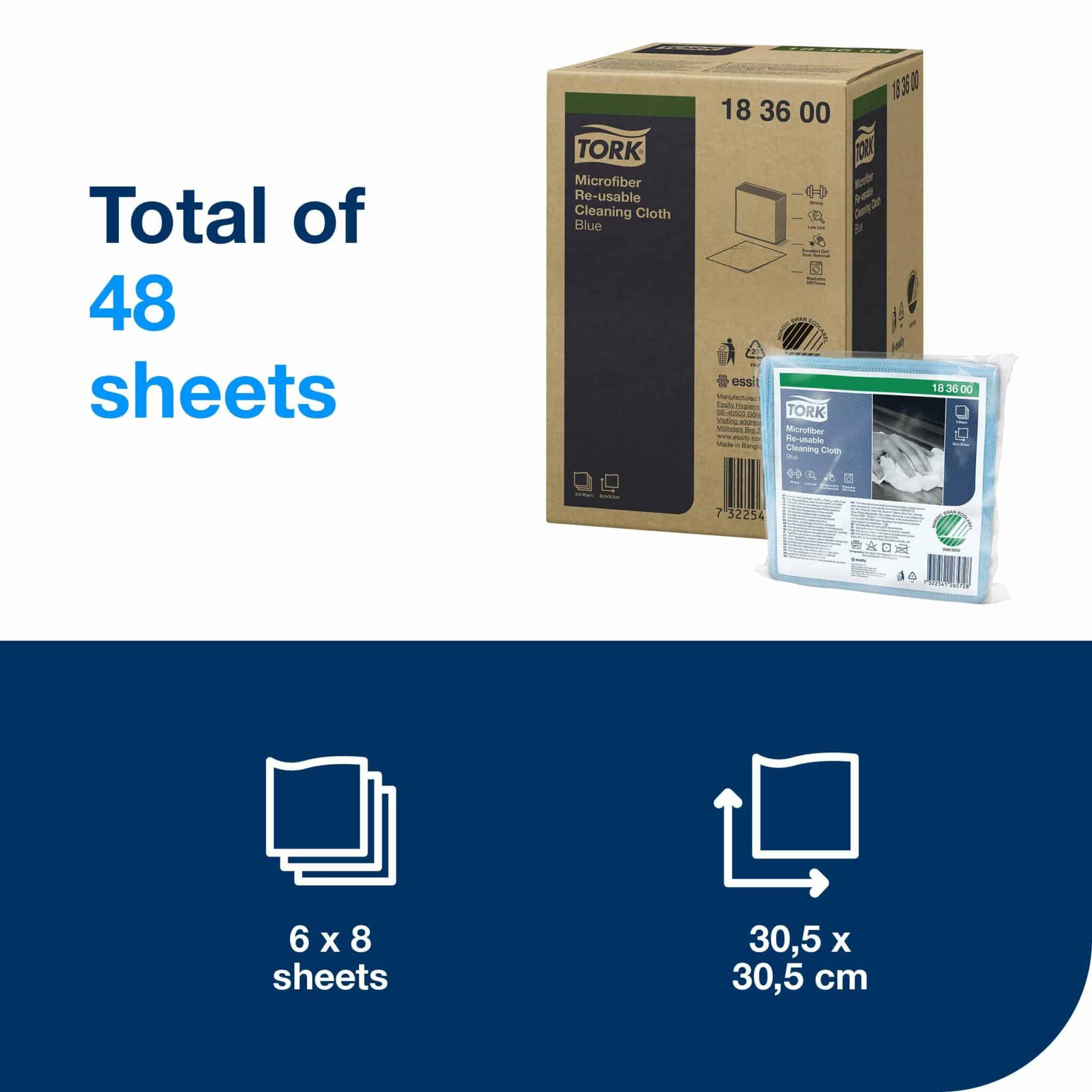 <p class="elementor-heading-title elementor-size-default">Tork Reusable Microfiber Cleaning Cloth is a high-quality microfiber cleaning cloth.</p> <ul> <li>This product is designed to be washed and reused.</li> <li>This low-lint wiper delivers superior cleaning results on hard, smooth surfaces.</li> <li>8 packs, 6 cloths each. 1 ply. Folded size L 15cm W 15cm. Unfolded size L 30.5cm W 30.5cm.</li> </ul> Tork Microfiber Reusable Cleaning Cloth Blue