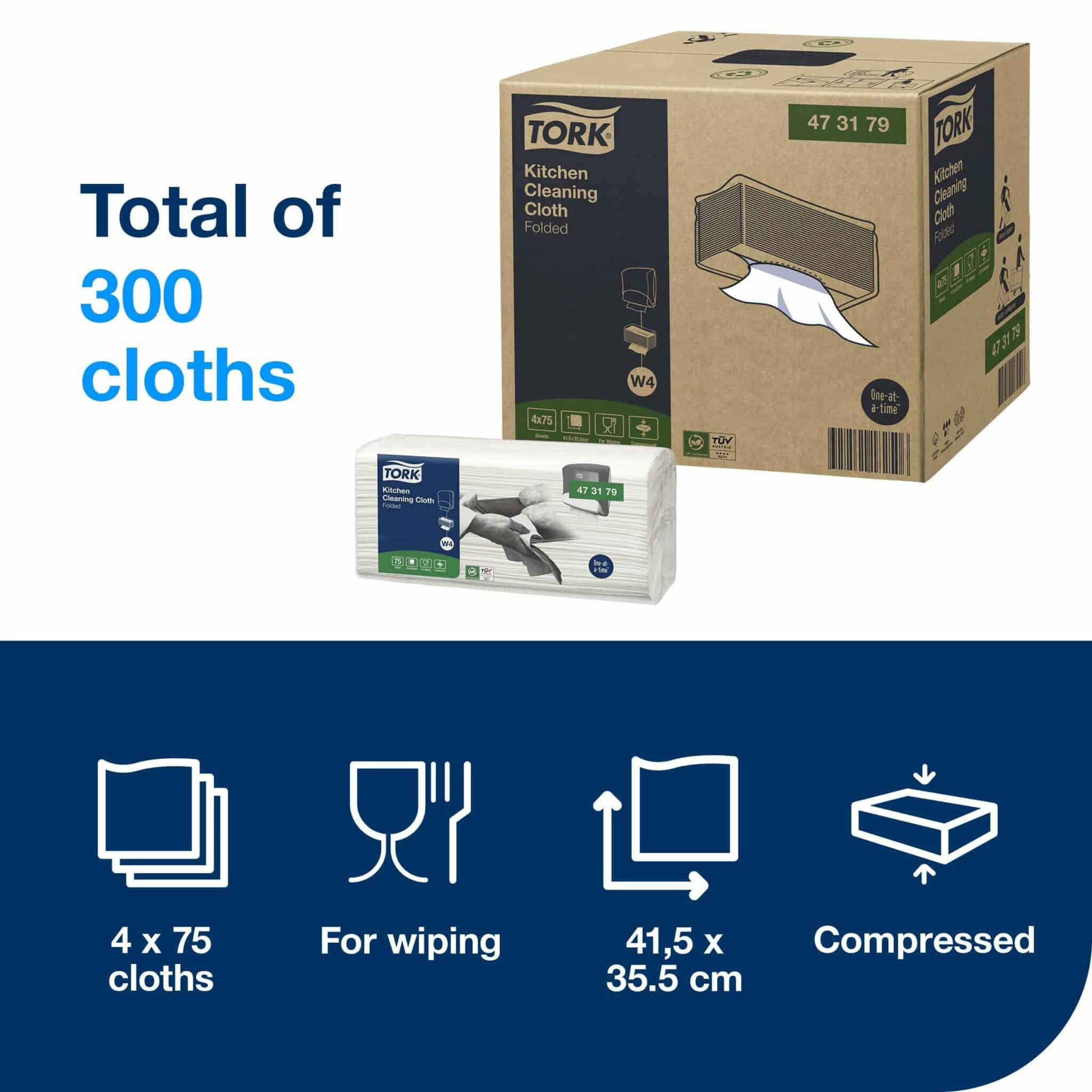 Keeping a busy kitchen clean is easy with these all-purpose kitchen cleaning cloths. <ul> <li>Their thick, highly absorbent design can swiftly mop up tough spills.</li> <li>4 packs, 75 cloths each. 1 ply. Folded size L 10.8cm Unfolded size L 41.5cm W 35.5cm. Compatible with W4 dispensers.</li> </ul> Tork Kitchen Cleaning Cloth White W4