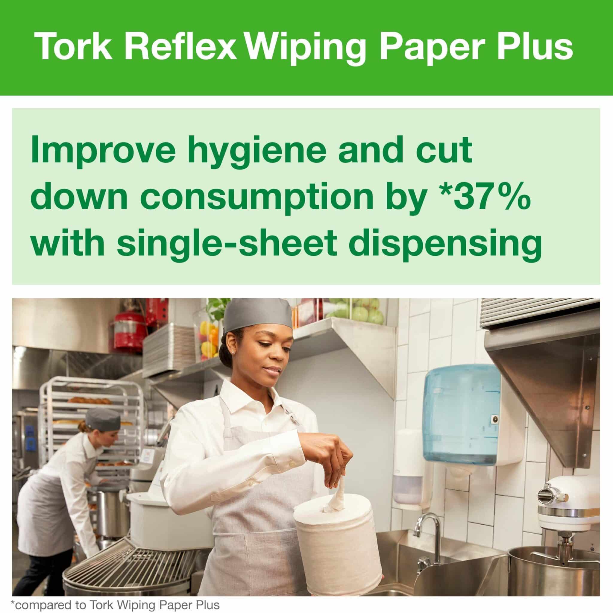 6 rolls, 429 sheets each, 2 ply. Advanced quality. Roll size L 150m W 19.4cm. Sheet length 35cm. Core inner diameter 5.9cm. Compatible with M4 dispensers. Tork Reflex™ Wiping Paper Towel White Plus M4