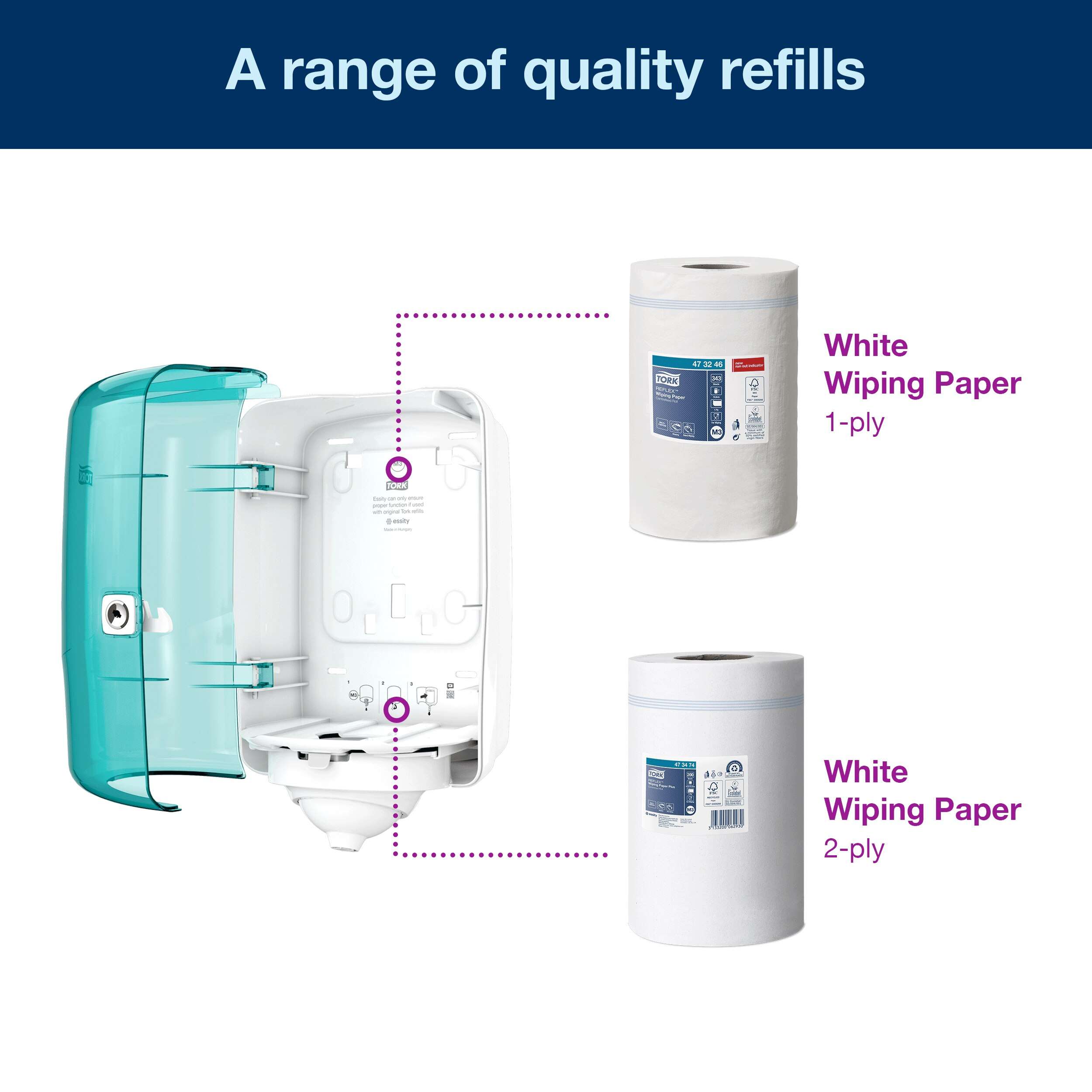 Design: Performance. W 19.1cm. H 32.1cm. D 18cm. Material: Plastic. Color: White/Turqoise. Suitable for M3 refills from Tork. Tork Reflex™ Mini Centrefeed Dispenser White and Turquoise M3