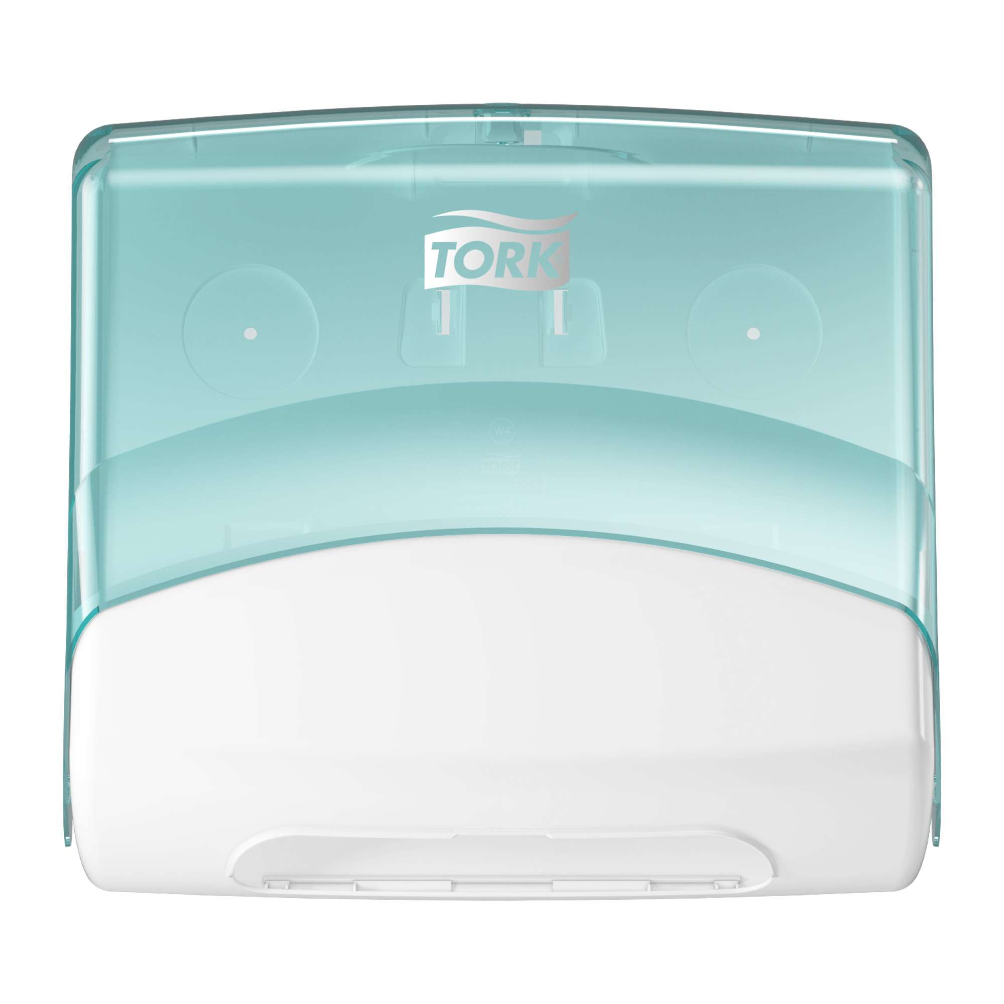 Design: Performance. W 20.6cm. H 39.4cm. D 42.7cm. Material: Plastic. Color: White/Turqoise. Suitable for W4 refills from Tork. Tork Folded Wiper/Cloth Towel Dispenser White and Turquoise W4