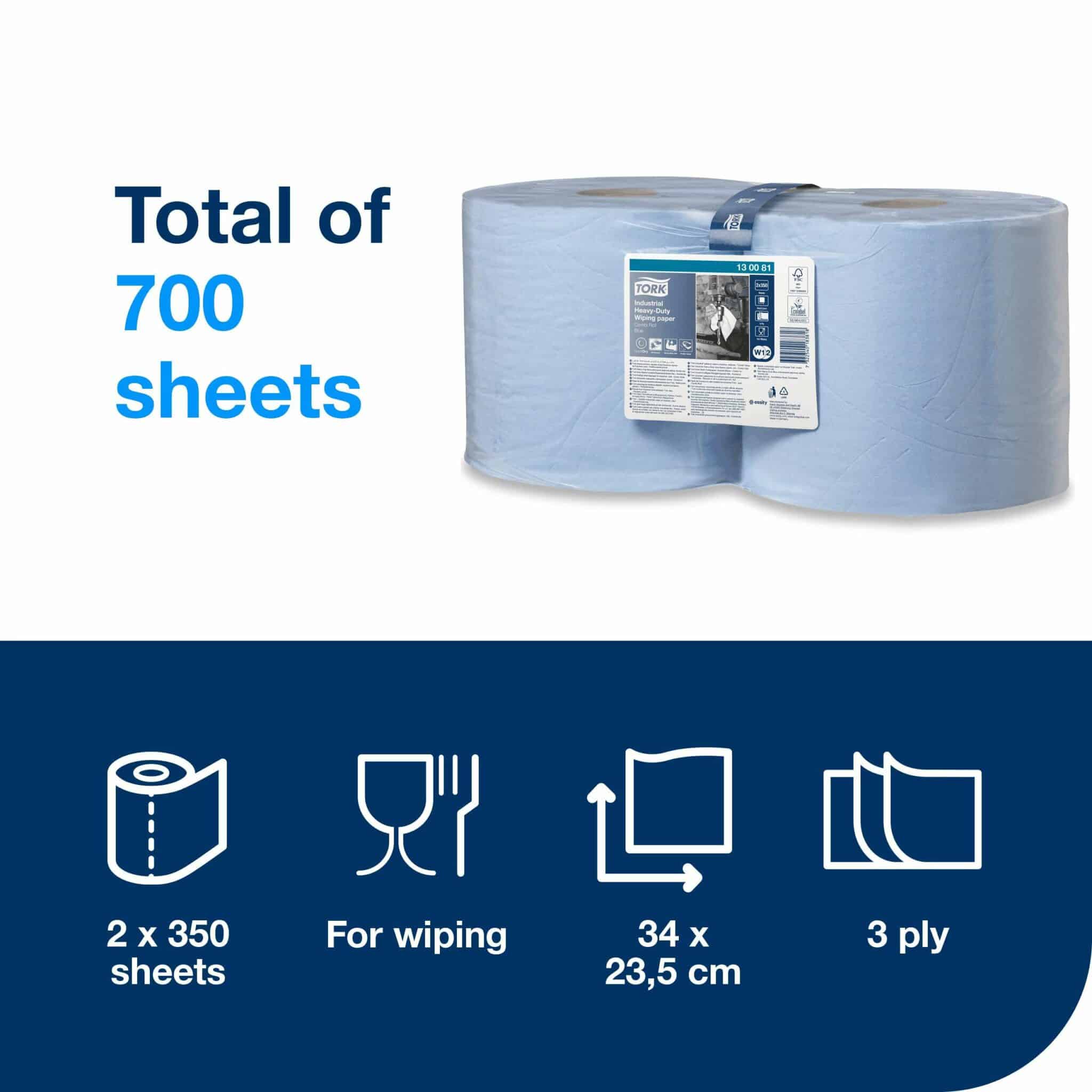 The strongest 3-ply paper in the range has superior absorption and extra protection against sharp items and heat. It is ideal for wiping large liquid or oil spills as well as machinery. It is also strong when wet. Tork Industrial Heavy Duty Wiping Paper Blue W1/2