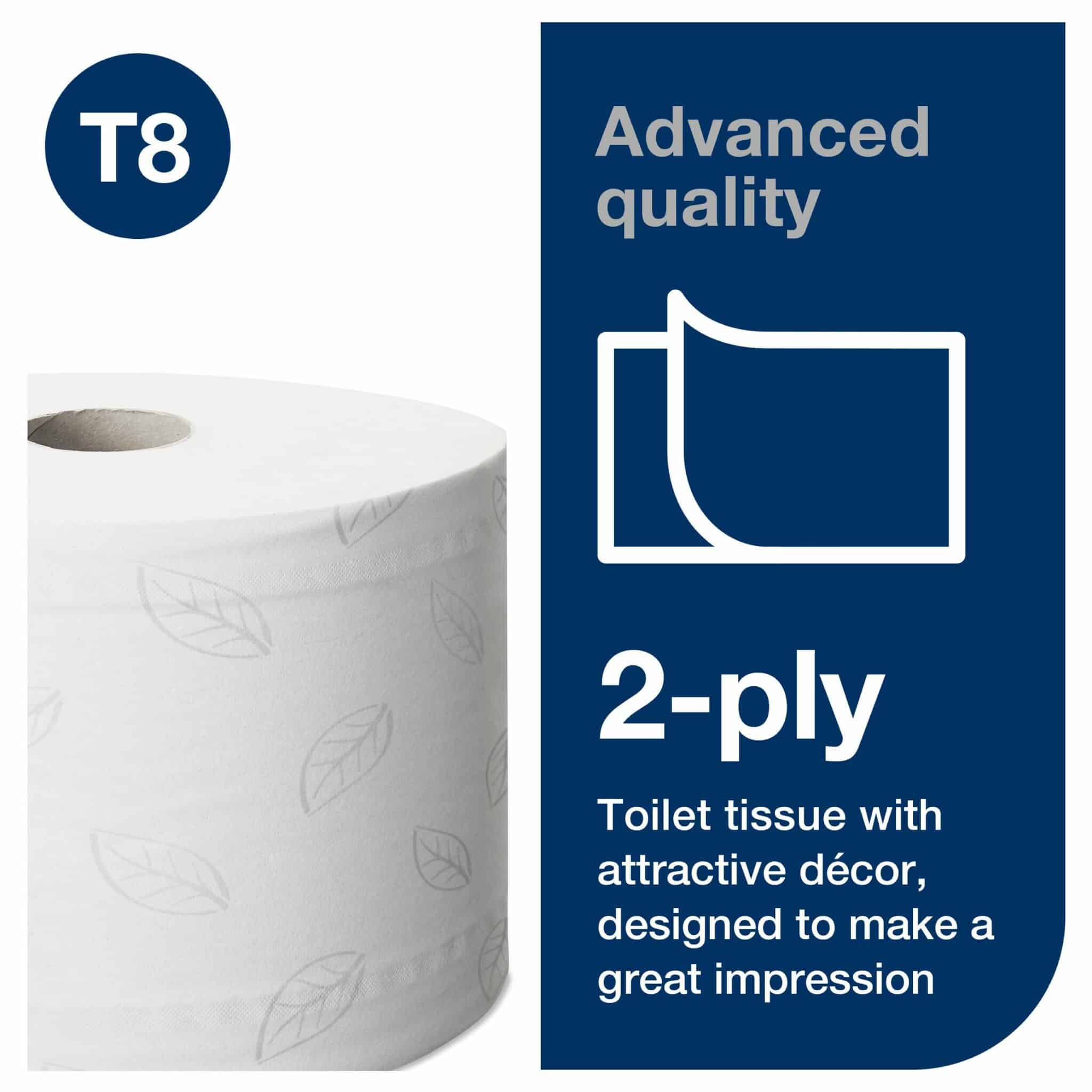 6 rolls, 1150 sheets each, 2 ply. Advanced quality. Roll size L 207m W 13.4cm. Sheet length 18cm. Core inner diameter 4.4cm. Compatible with T8 dispensers. Tork SmartOne® Toilet Roll White T8