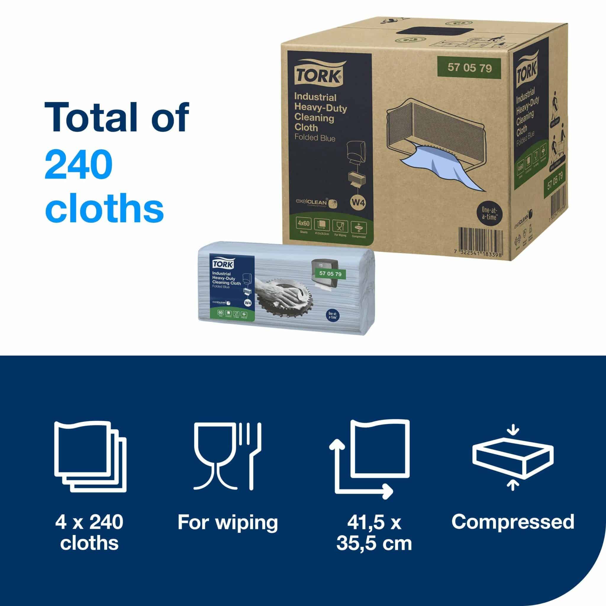 <ul> <li>Protect hands from heat and metal scraps with Industrial Heavy-Duty Cleaning Cloth</li> <li>Easily remove stubborn oil, grease and watermarks in industrial environments</li> <li>4 packs, 60 cloths each. 1 ply. Folded size L 10.8cm W 35.5cm. Unfolded size L 41.5cm W 35.5cm. Compatible with W4 dispensers.</li> </ul> Tork Industrial Heavy-Duty Cleaning Cloth Blue W4