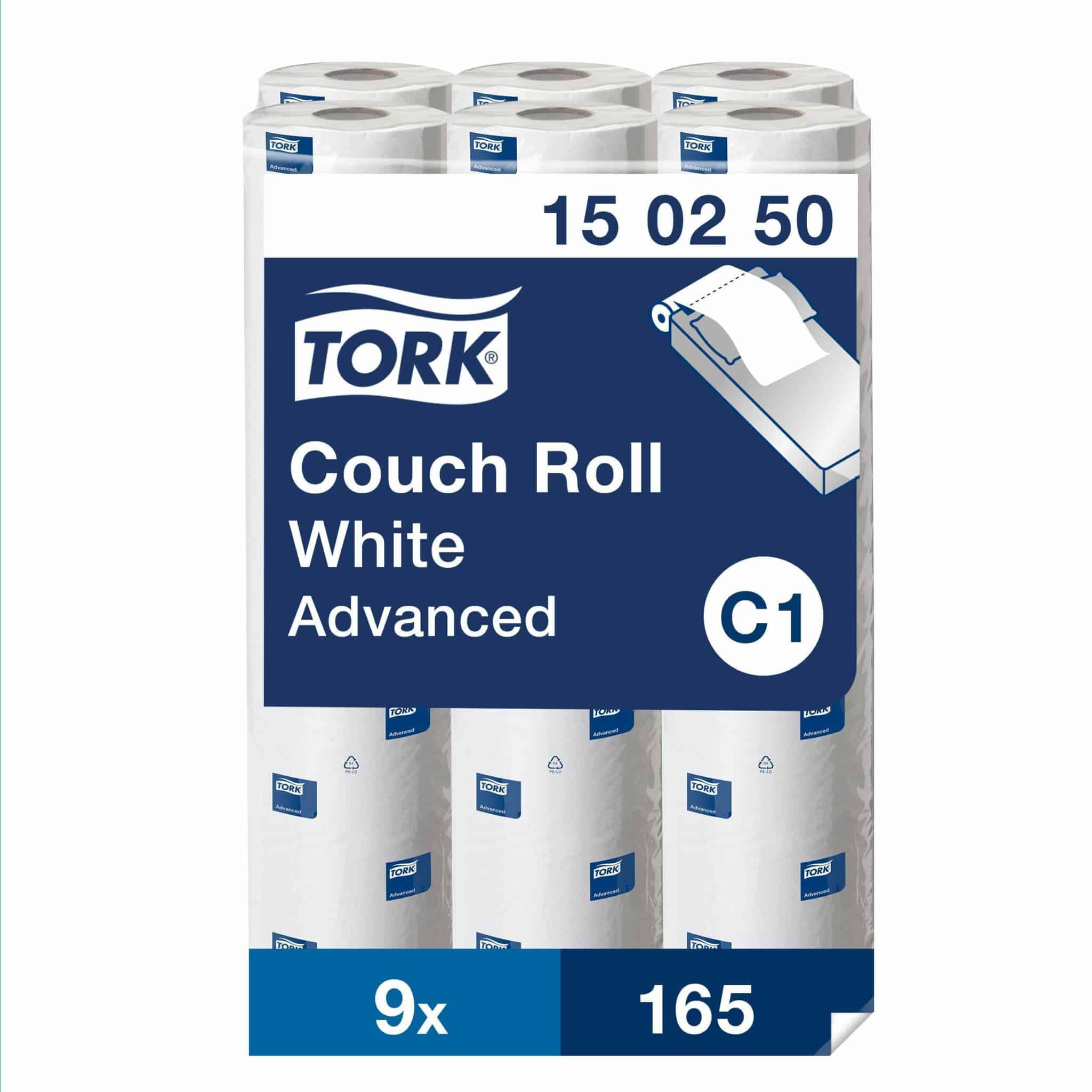 9 rolls, 165 sheets each, 2 ply. Advanced quality. Roll size L 54.45m W 50cm. Sheet length 33cm. Core inner diameter 5.1cm. Compatible with C1 dispensers. Tork Perforated Couch Roll White C1