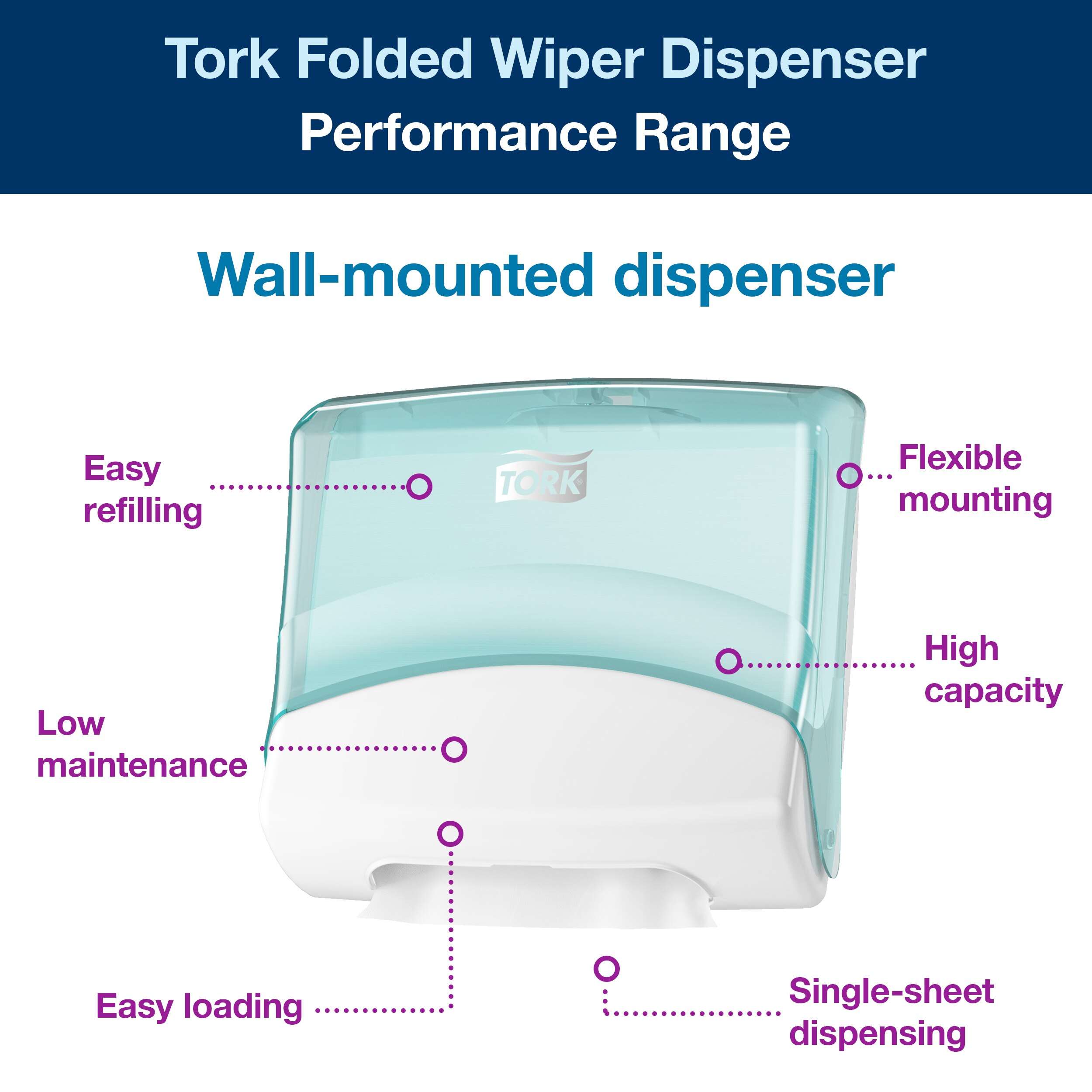 Design: Performance. W 20.6cm. H 39.4cm. D 42.7cm. Material: Plastic. Color: White/Turqoise. Suitable for W4 refills from Tork. Tork Folded Wiper Dispenser White and Turquoise W4