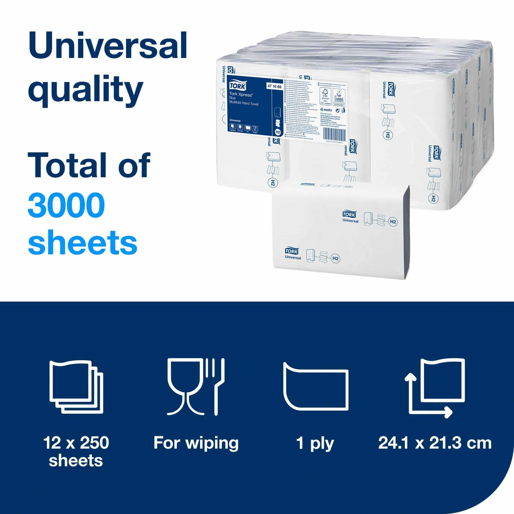 12 packs, 250 paper hand towels each. 1 ply. Universal quality. Folded size L 8.1cm W 21.3cm. Unfolded size L 24.1cm W 21.3cm. Compatible with H2 dispensers. Satisfy basic hand drying needs with the Universial Tork Xpress Soft Multifold Hand Towels that provide an economic value for your money. Tork Xpress® Multifold Hand Towels Blue H2