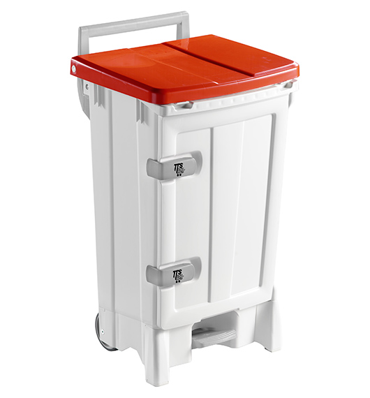 Polypropylene 90L Wheelie Bin Red with front door to help operator while emptying & cleaning inside bin. Shock-resistant, Ergonomic handle and non-marking wheels. Size - 480 x 520 x 930 mm 90L Wheelie Bin Red