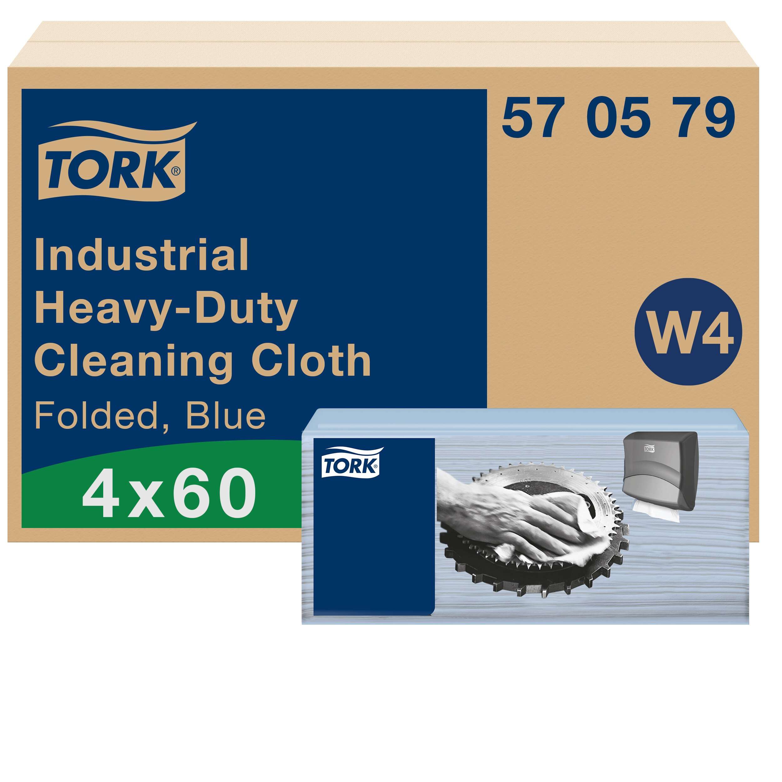 <ul> <li>Protect hands from heat and metal scraps with Industrial Heavy-Duty Cleaning Cloth</li> <li>Easily remove stubborn oil, grease and watermarks in industrial environments</li> <li>4 packs, 60 cloths each. 1 ply. Folded size L 10.8cm W 35.5cm. Unfolded size L 41.5cm W 35.5cm. Compatible with W4 dispensers.</li> </ul> Tork Industrial Heavy-Duty Cleaning Cloth Blue W4