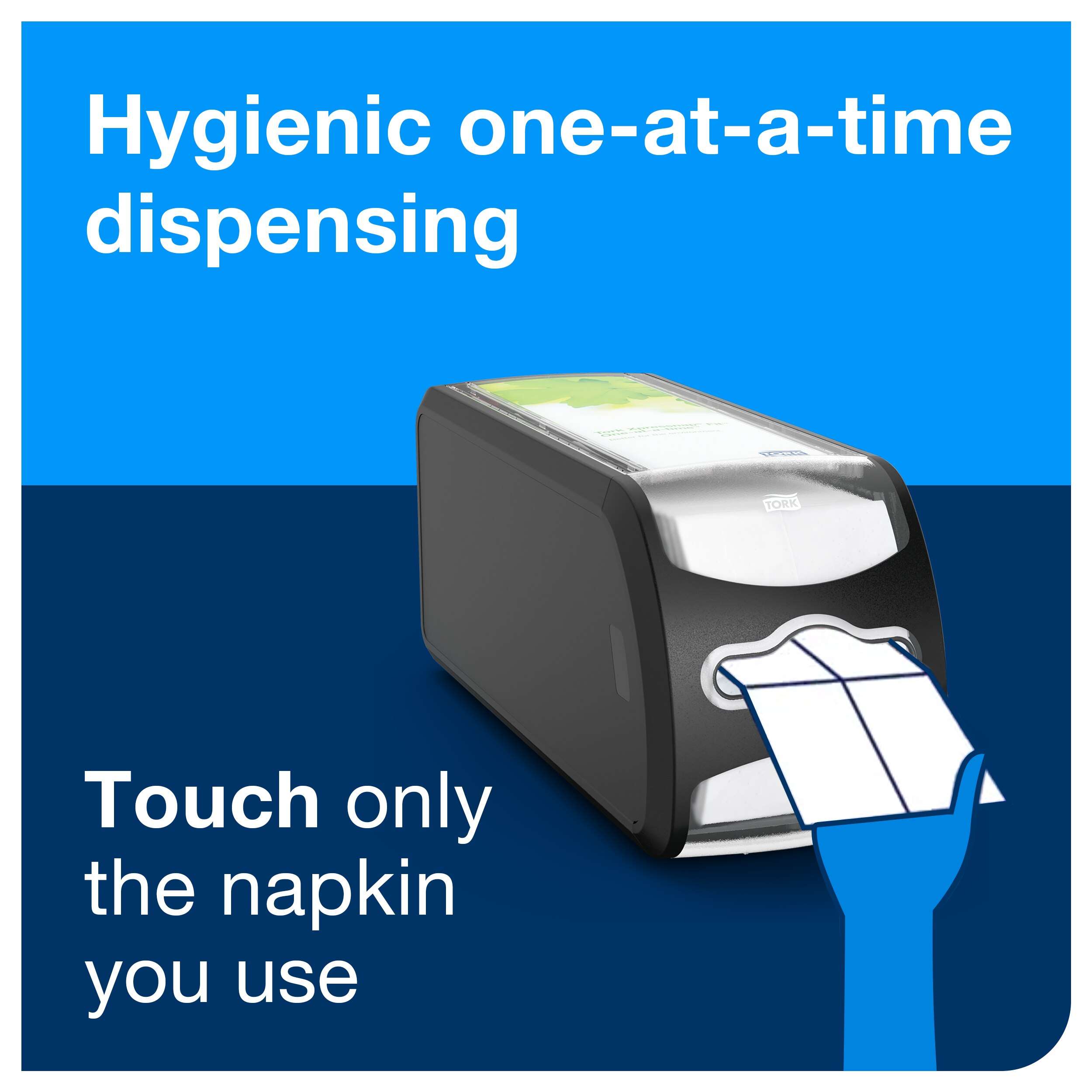 Run your business more efficiently. A full-size napkin is folded to fit the small-footprint dispenser, and the level indicator shows when it is time to refill, enabling 100% napkin availability. Design: Signature line. W 12.1cm. H 14.3cm. D 32.6cm. Suitable for N14 refills from Tork. Tork Xpressnap Fit® Counter Napkin Dispenser Black N14