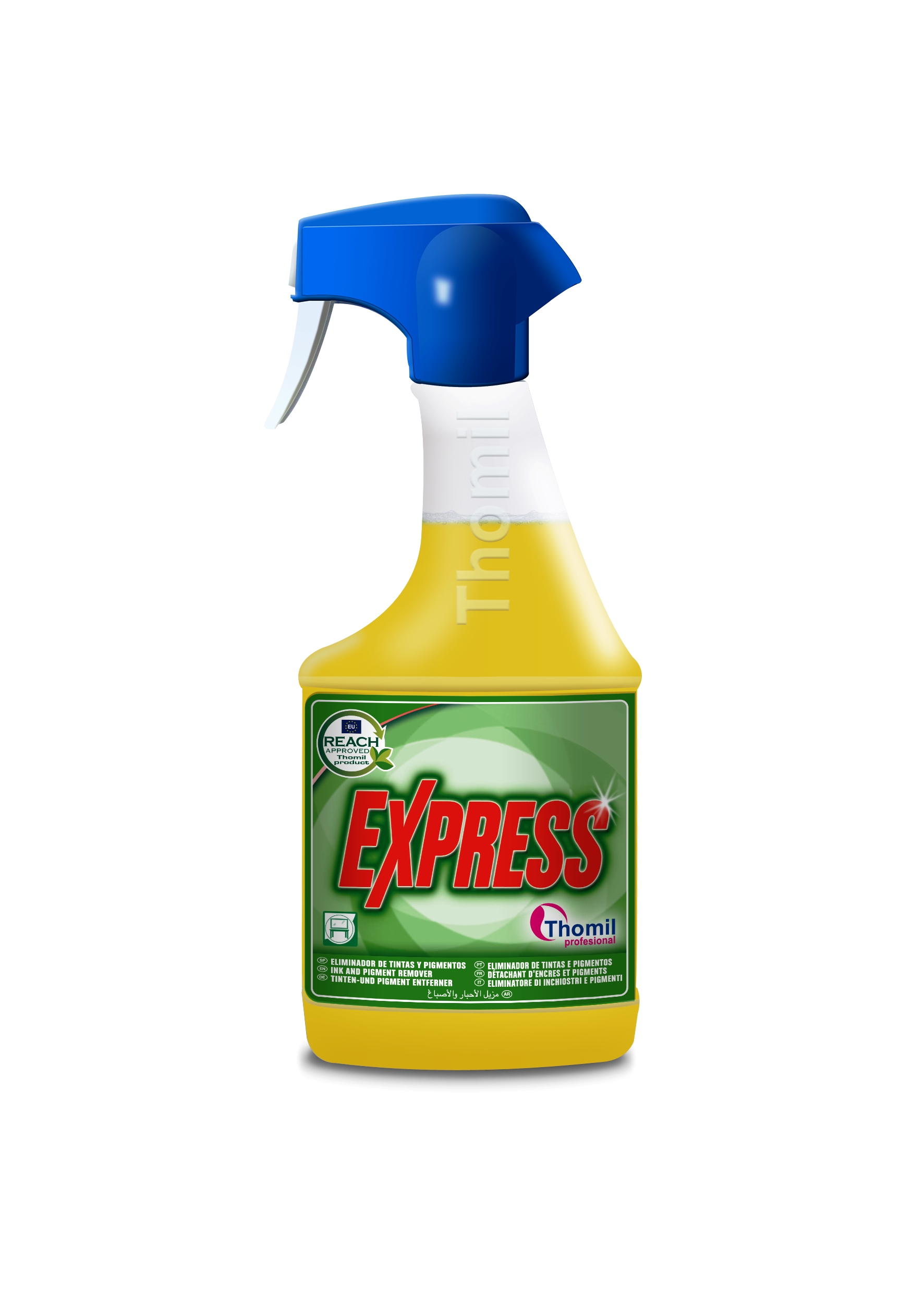 Ink and pigment remover: Removes inks, stains, and pigments from fountain pens, markers, or ballpoint pens from hard surfaces, plastics, and textiles. Thomil Express Ink and Pigment Remover- (12x750ml)