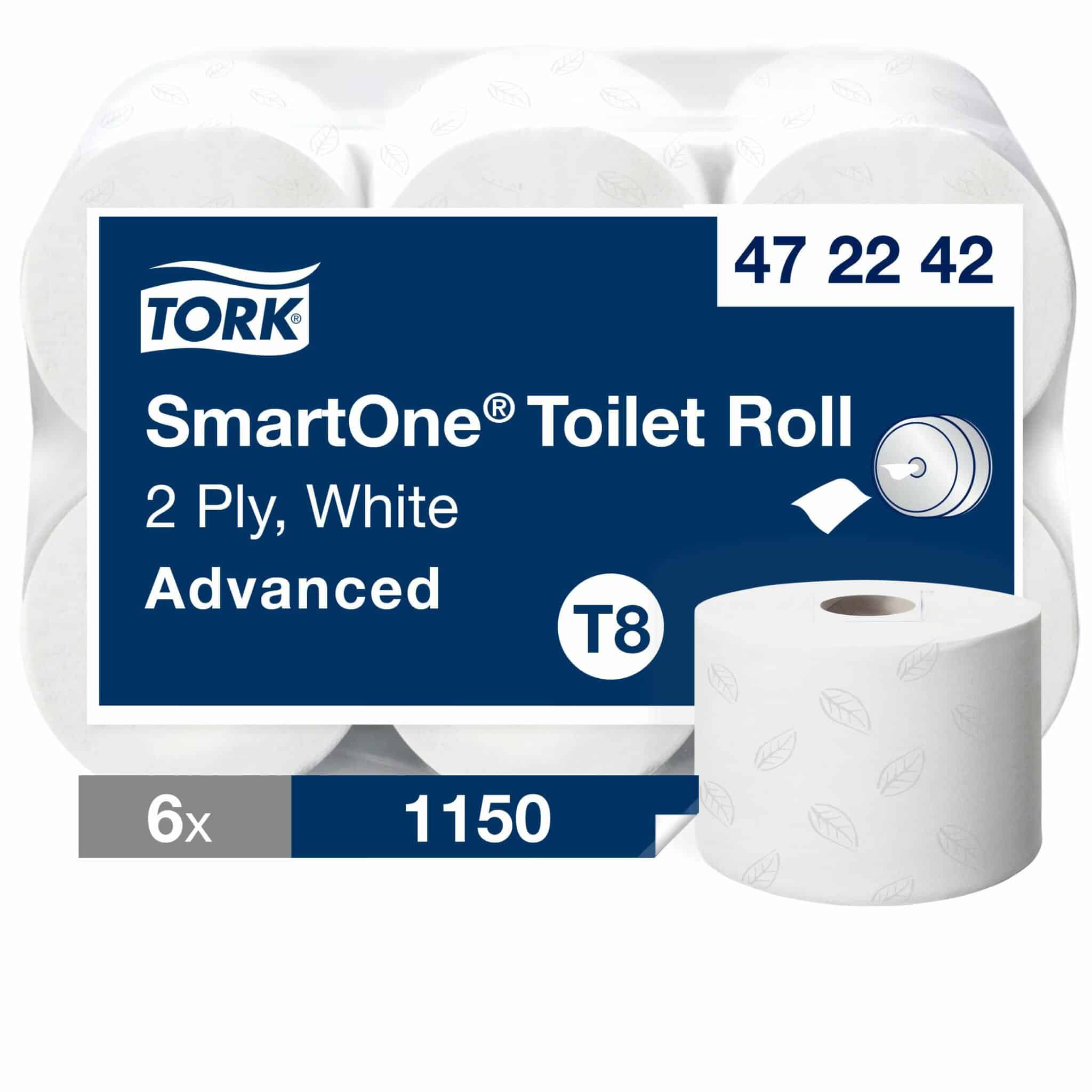 6 rolls, 1150 sheets each, 2 ply. Advanced quality. Roll size L 207m W 13.4cm. Sheet length 18cm. Core inner diameter 4.4cm. Compatible with T8 dispensers. Tork SmartOne® Toilet Roll White T8