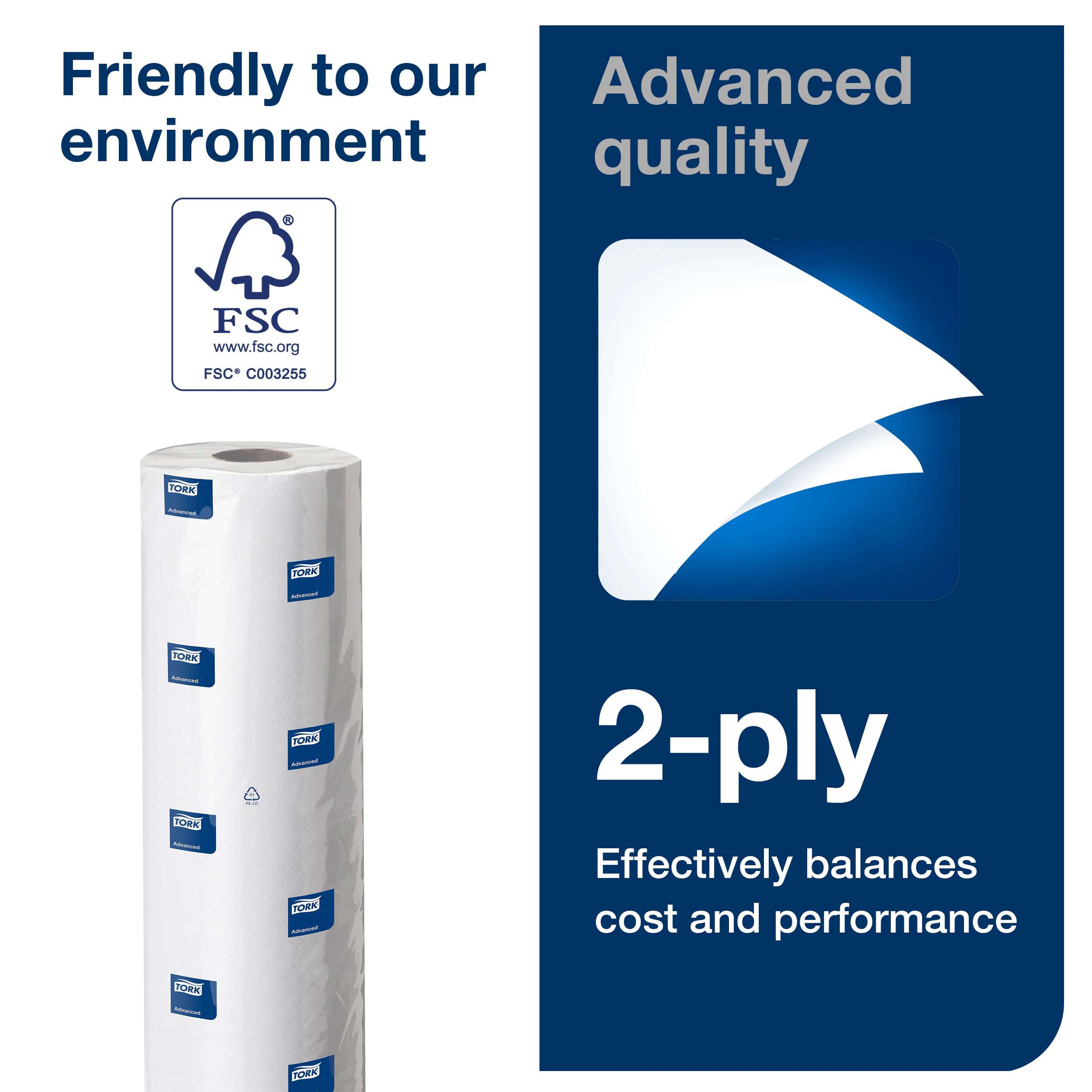 9 rolls, 165 sheets each, 2 ply. Advanced quality. Roll size L 54.45m W 50cm. Sheet length 33cm. Core inner diameter 5.1cm. Compatible with C1 dispensers. Tork Perforated Couch Roll White C1
