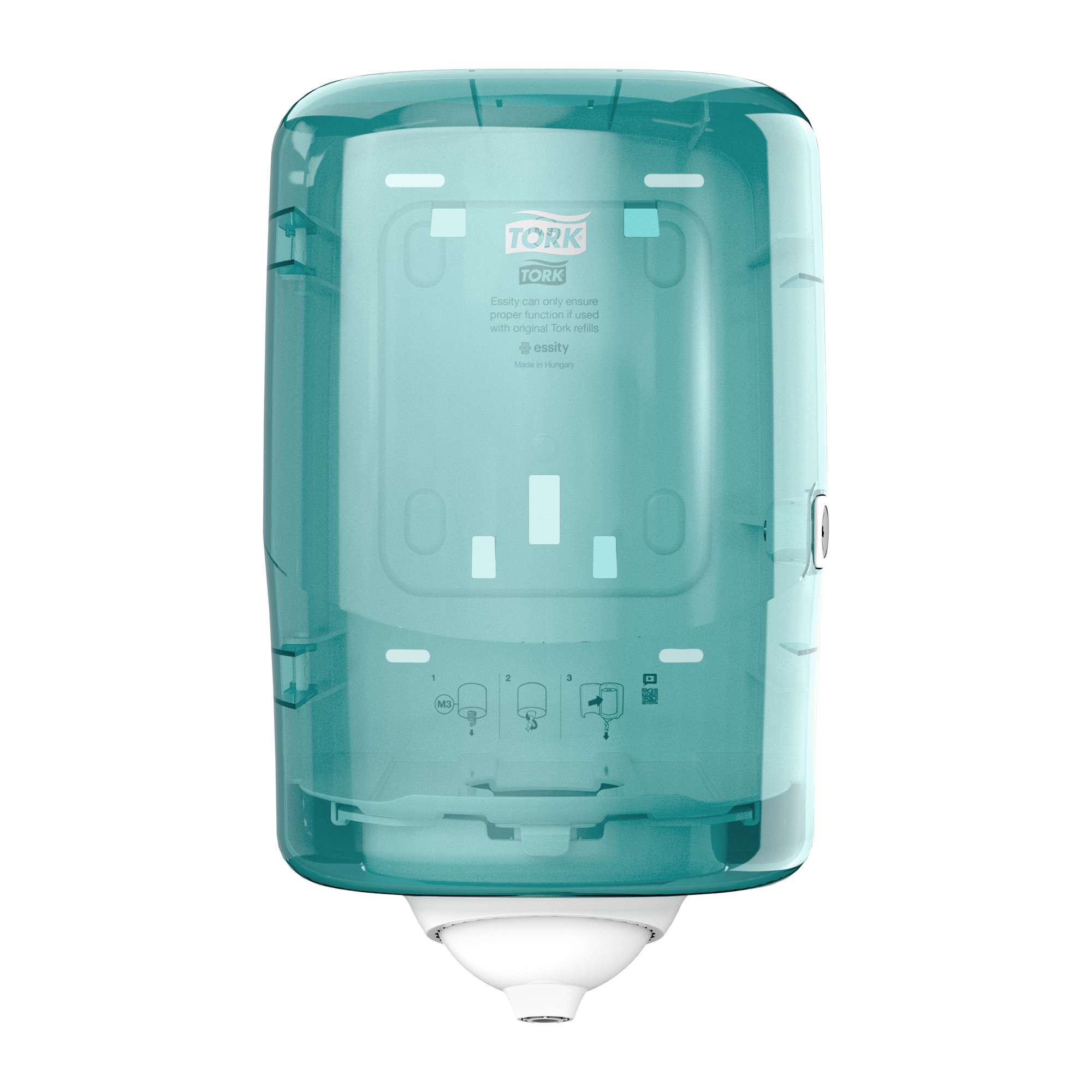 Design: Performance. W 19.1cm. H 32.1cm. D 18cm. Material: Plastic. Color: White/Turqoise. Suitable for M3 refills from Tork. Tork Reflex™ Mini Centrefeed Dispenser White and Turquoise M3