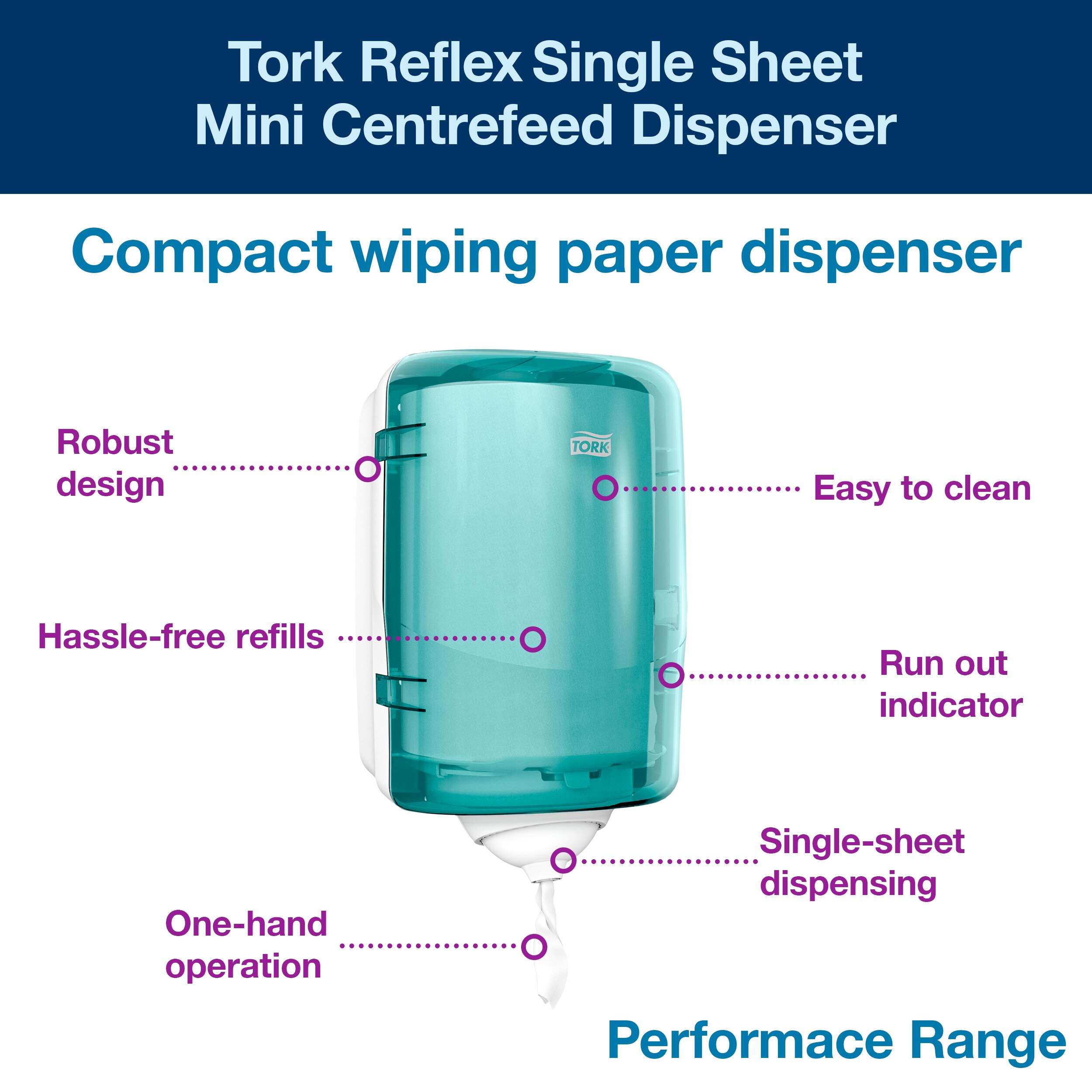 Design: Performance. W 19.1cm. H 32.1cm. D 18cm. Material: Plastic. Color: White/Turqoise. Suitable for M3 refills from Tork. Tork Reflex™ Mini Centrefeed Dispenser White and Turquoise M3