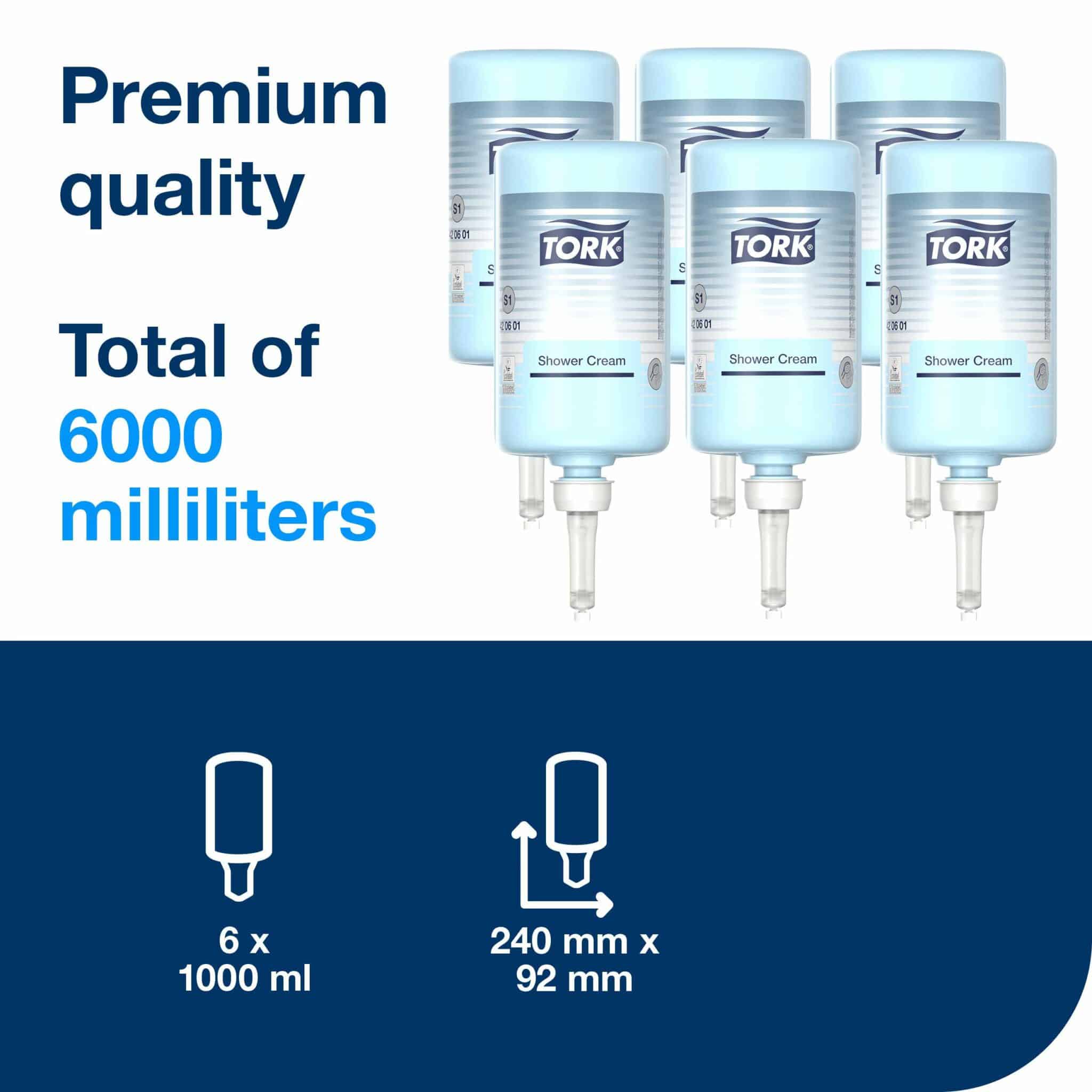 6 bottles per box. 1 ml each. Fresh Unisex Scent fragrance. Premium quality. Color: Light blue. Compatible with S1 dispensers. Tork Shower Cream Liquid S1