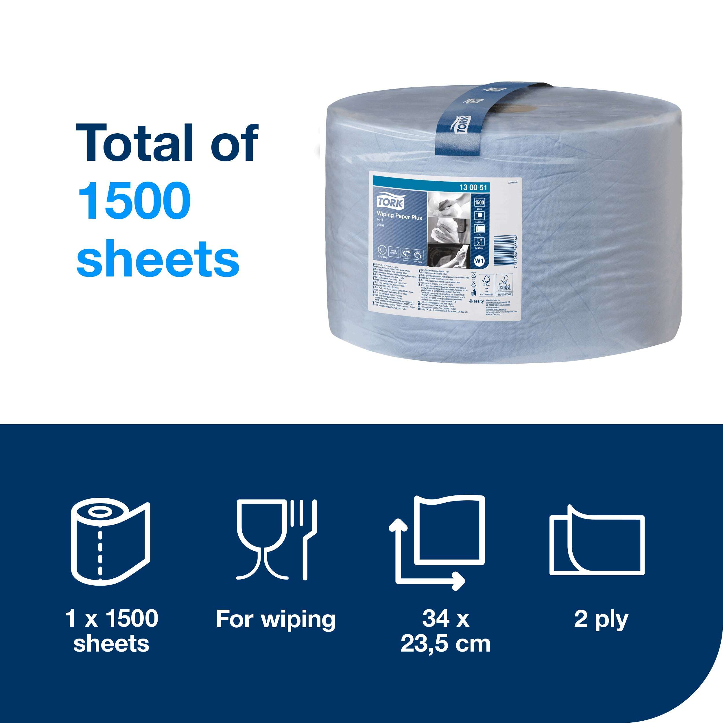 A <strong>2-ply multi-purpose blue roll paper</strong> that handles various wiping tasks to meet most needs. It is ideal for mopping up liquids and wiping hands. One roll, 1500 sheets. Premium quality. Roll size L 510m W 23.5cm. Sheet length 34cm. Core inner diameter 7.1cm. Compatible with W1 dispensers. Tork Wiping Paper Plus Blue W1