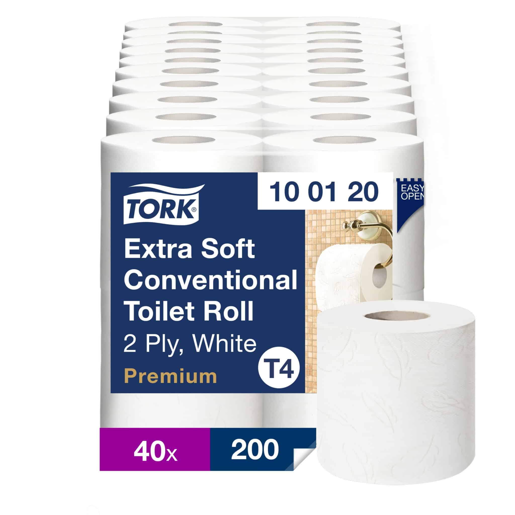 10 packs, 4 rolls each. 200 sheets each, 2 ply. Premium quality. Roll size L 23m W 10.5cm. Sheet length 11.5cm. Core inner diameter 5.1cm. Compatible with T4 dispensers. Tork Extra Soft Conventional Toilet Paper Roll White T4
